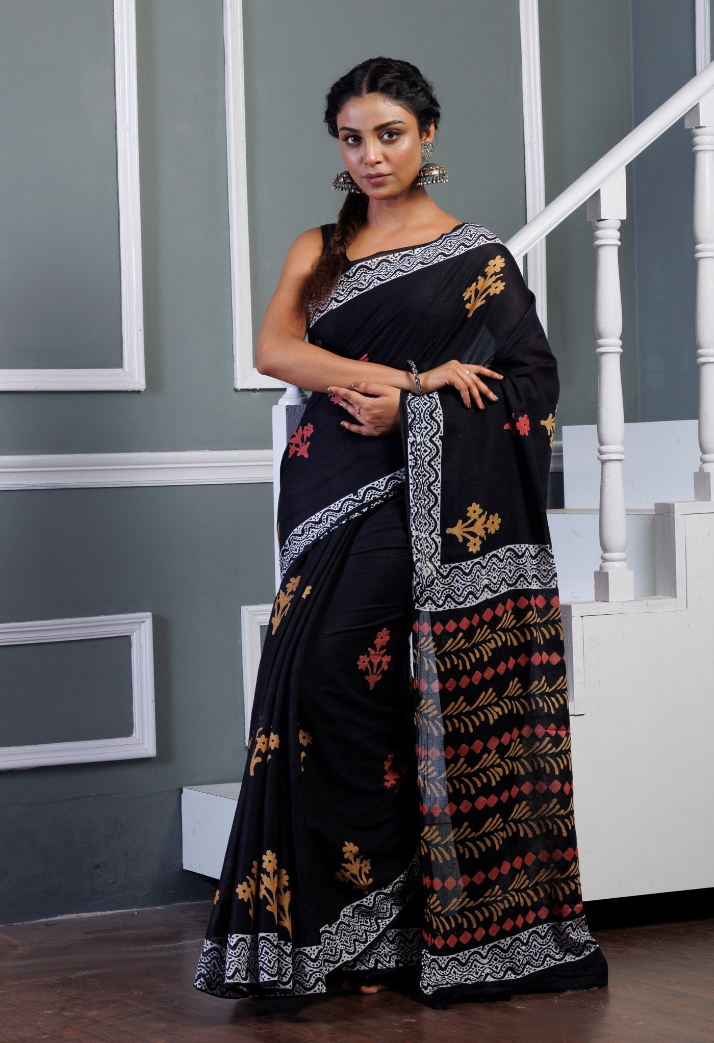 Black Pure Hand Block Printed Soft Cotton Saree