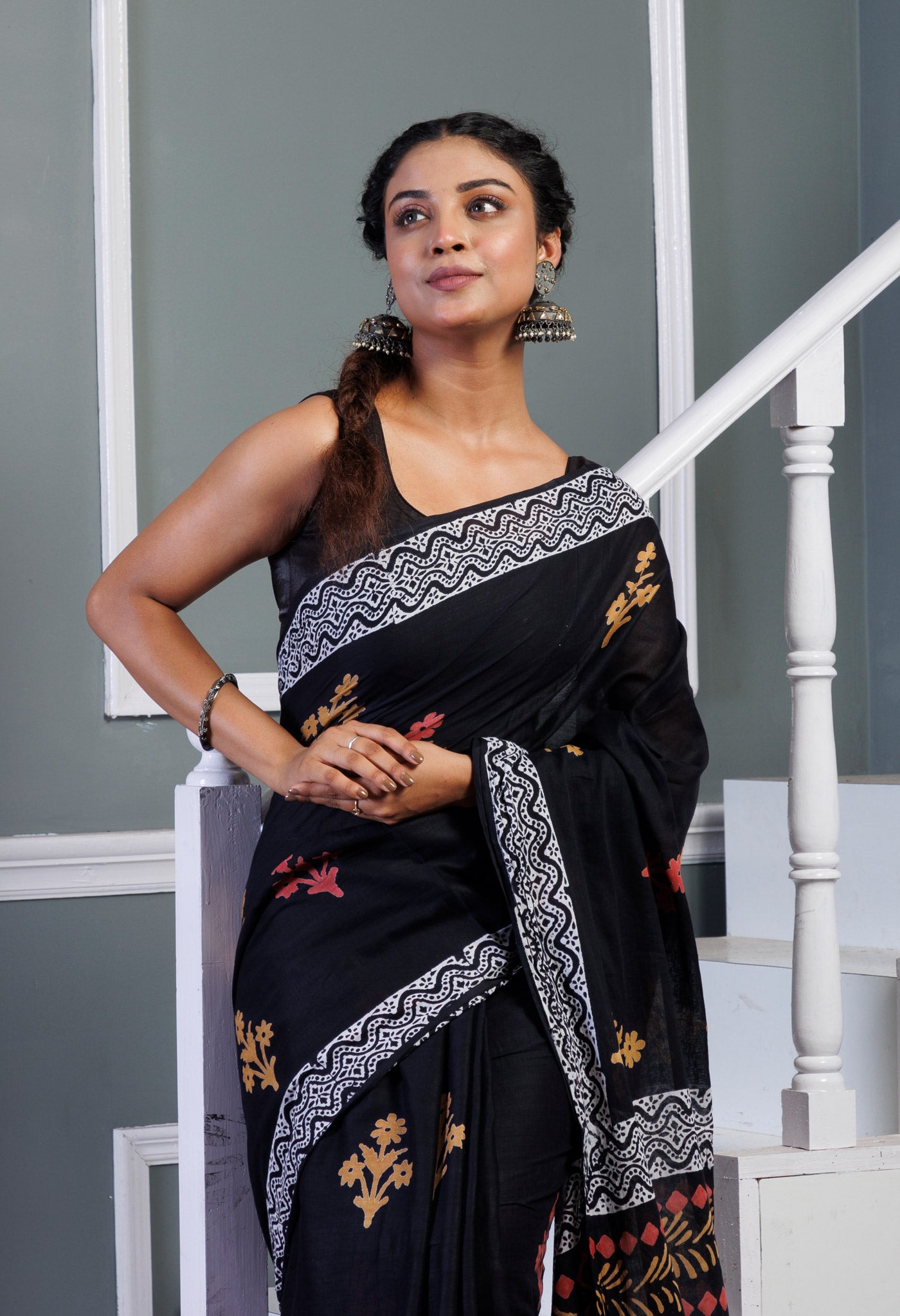 Black Pure Hand Block Printed Soft Cotton Saree