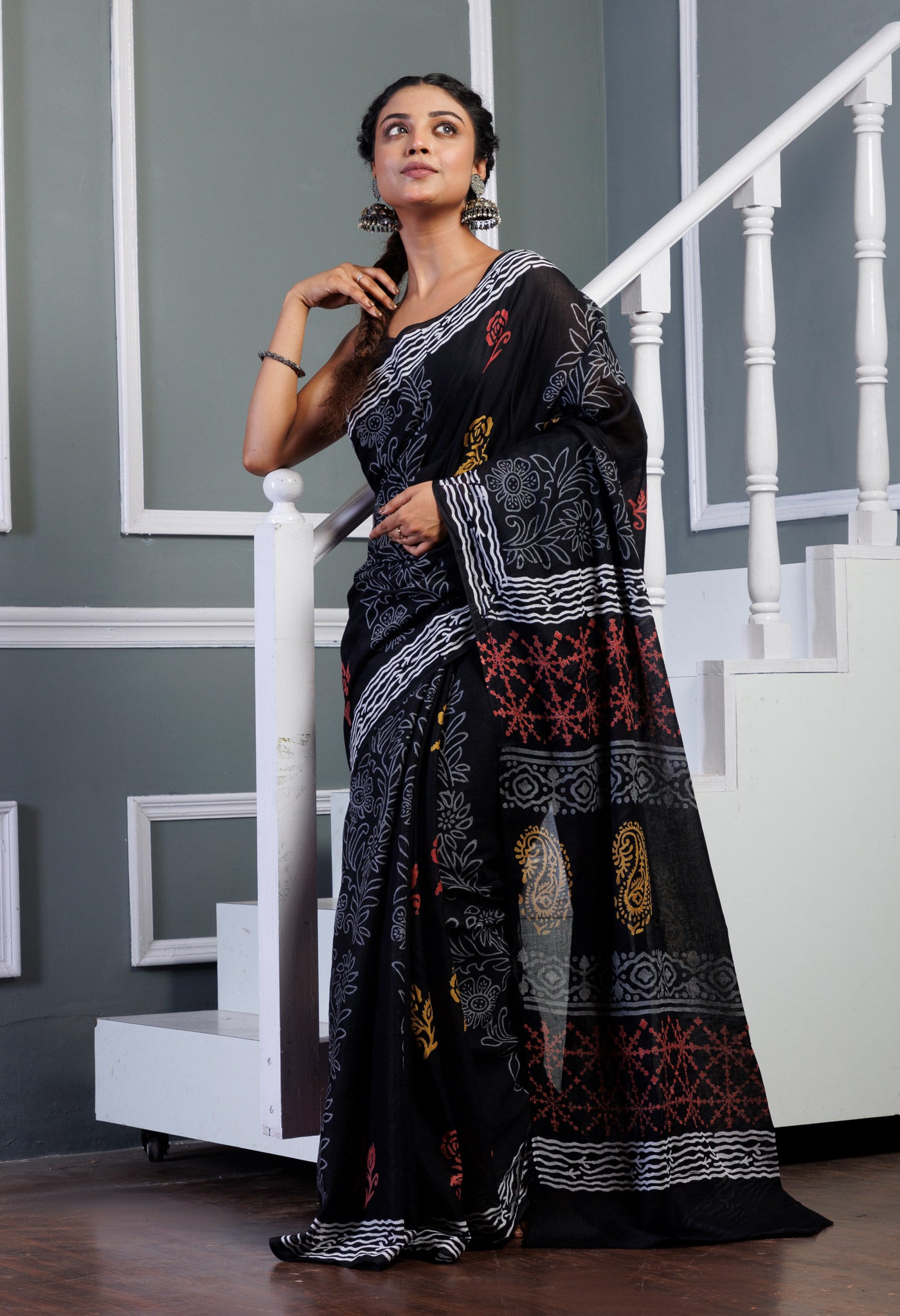 Black Pure Hand Block Printed Soft Cotton Saree