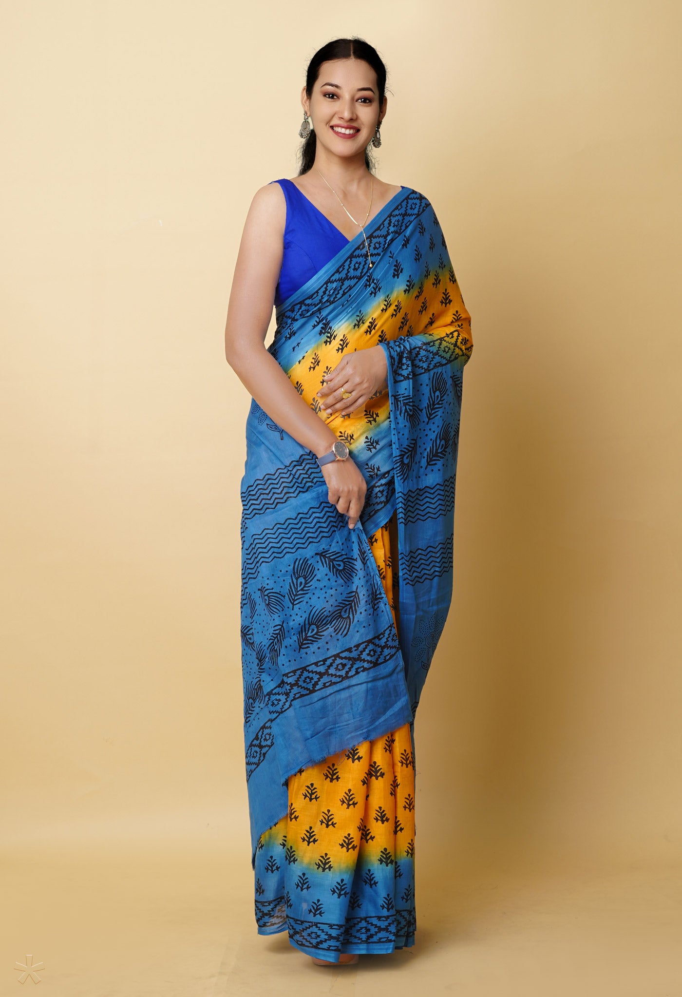 Yellow Pure Dyed Hand Block Printed Soft Cotton Saree