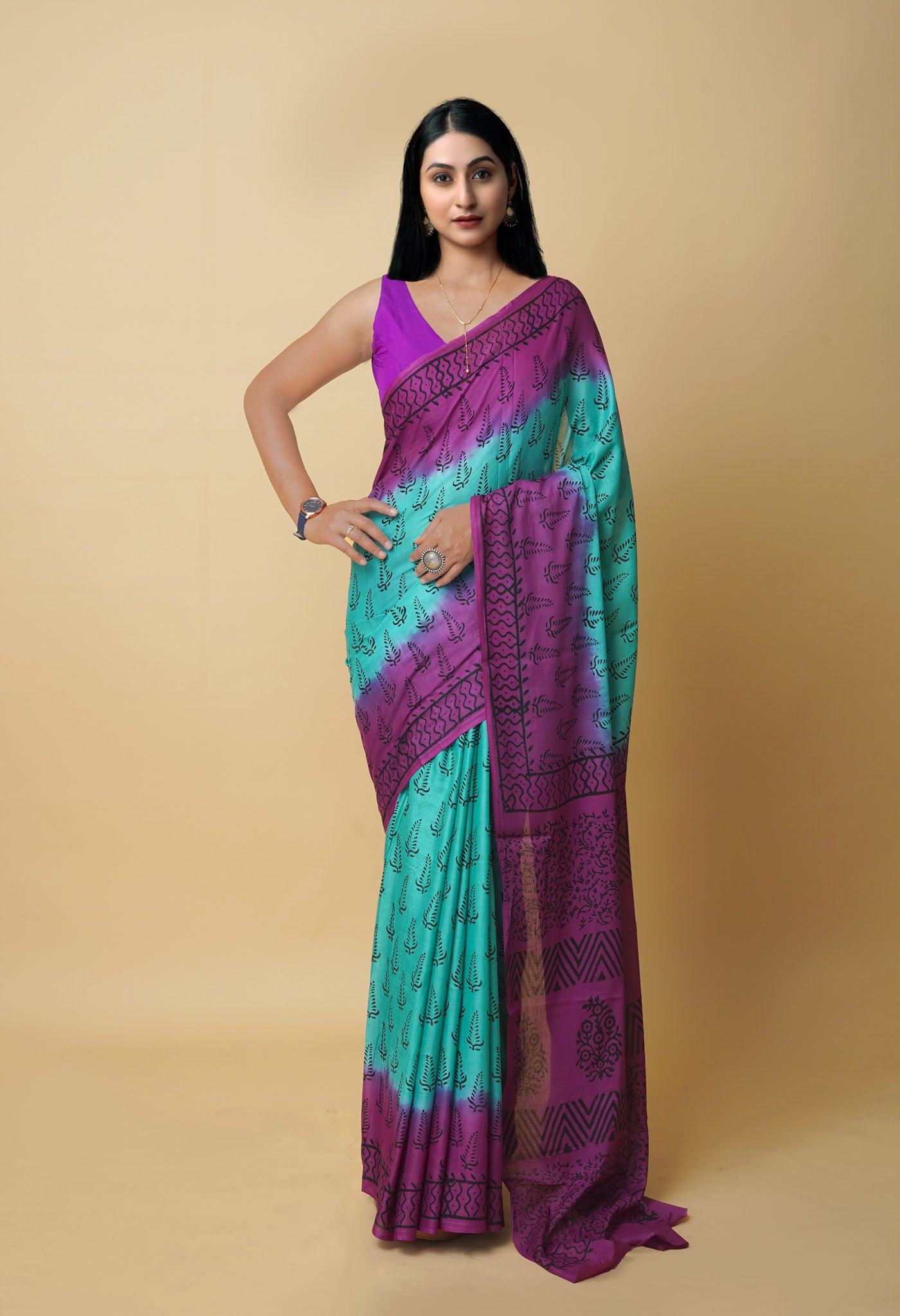 Turquoise Pure Dyed Hand Block Printed Soft Cotton Saree