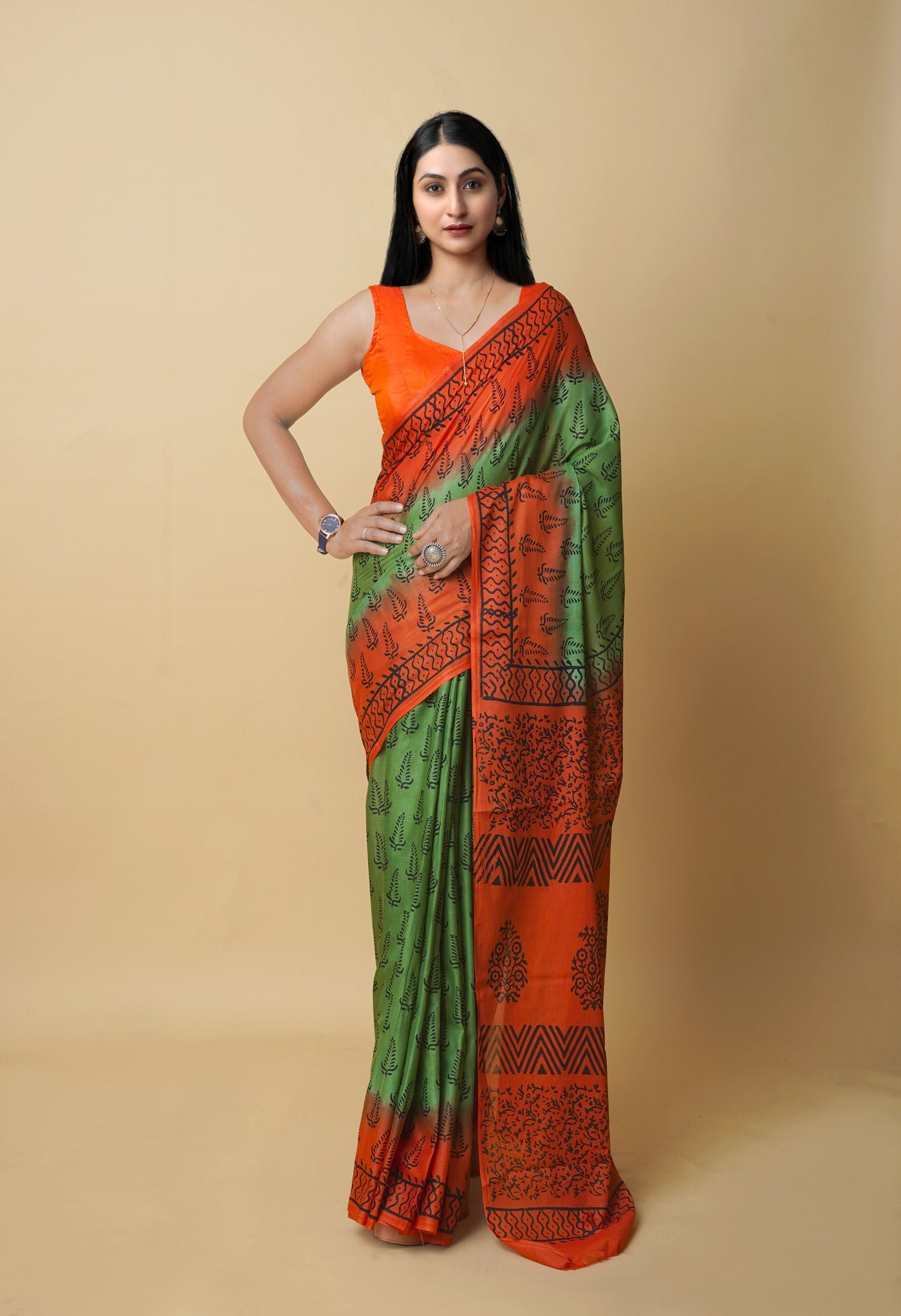 Green Pure Dyed Hand Block Printed Soft Cotton Saree