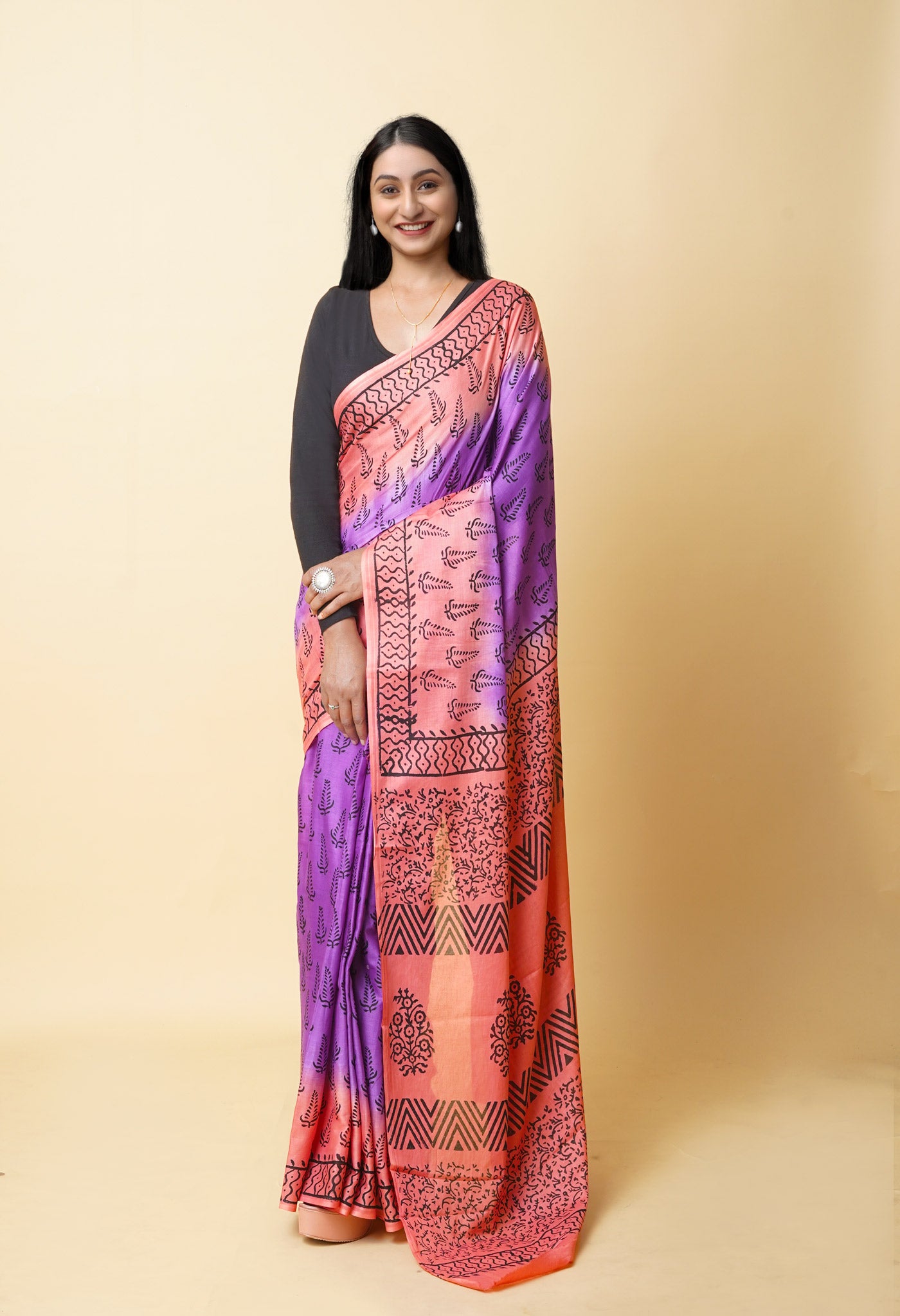 Purple Pure Dyed Hand Block Printed Soft Cotton Saree