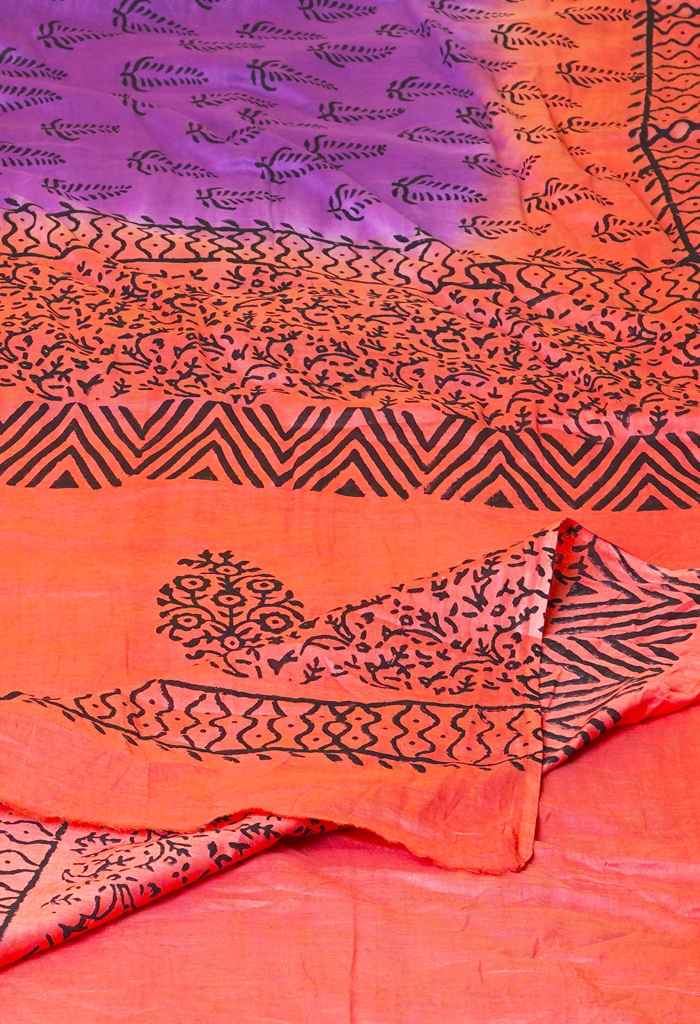 Purple Pure Dyed Hand Block Printed Soft Cotton Saree