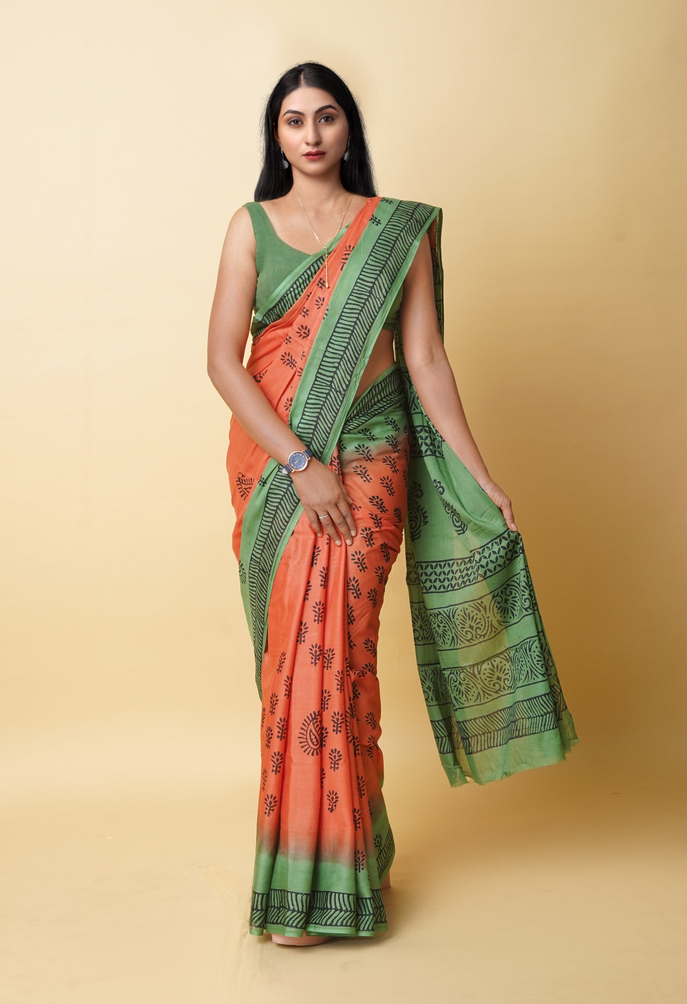 Orange Pure Dyed Hand Block Printed Soft Cotton Saree