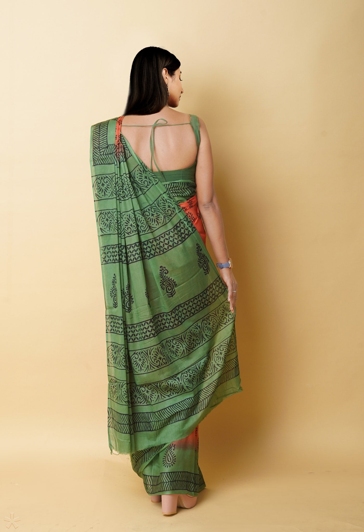 Orange Pure Dyed Hand Block Printed Soft Cotton Saree