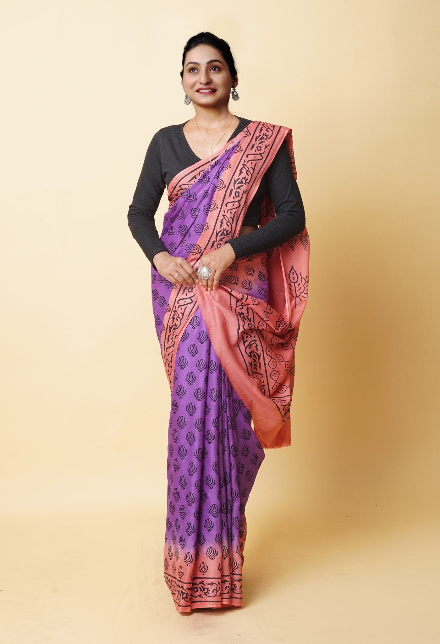 Purple Pure Dyed Hand Block Printed Soft Cotton Saree