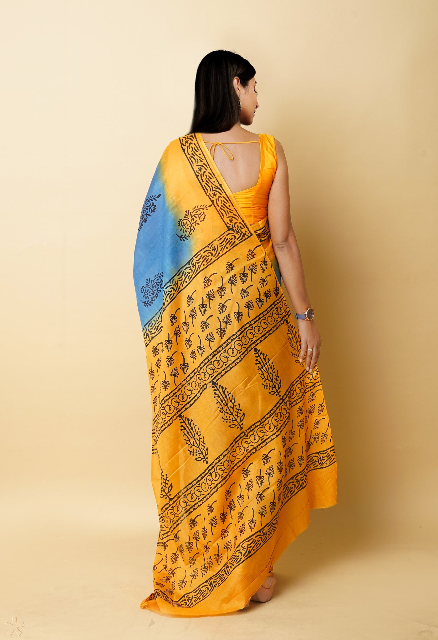 Blue Pure Dyed Hand Block Printed Soft Cotton Saree