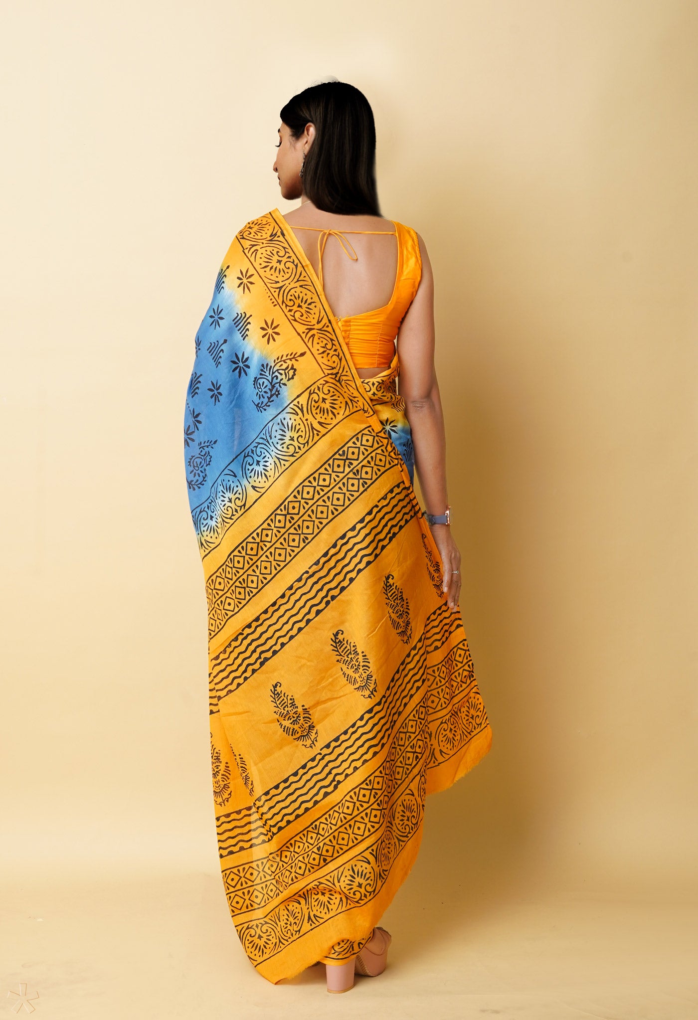 Blue Pure Dyed Hand Block Printed Soft Cotton Saree