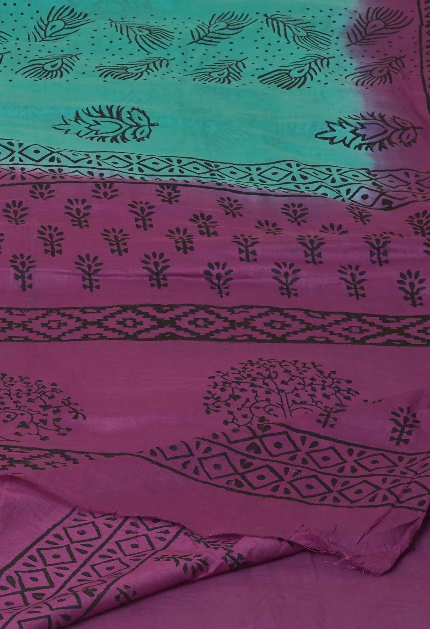 Turquoise Pure Dyed Hand Block Printed Soft Cotton Saree
