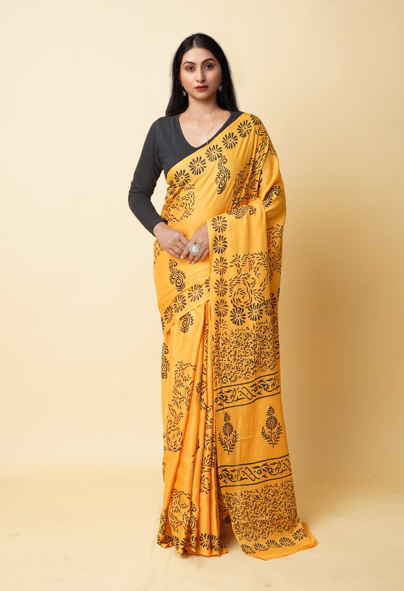 Yellow Pure Dyed Hand Block Printed Soft Cotton Saree