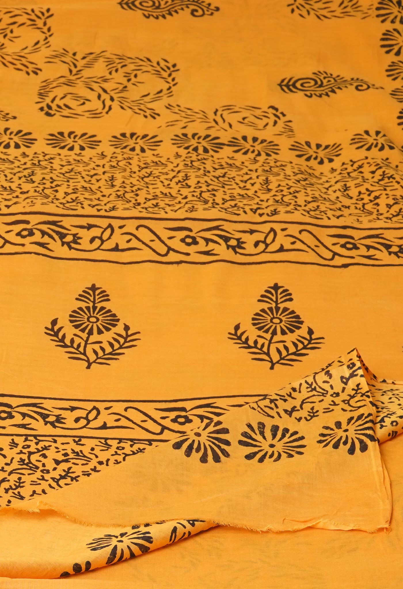 Yellow Pure Dyed Hand Block Printed Soft Cotton Saree