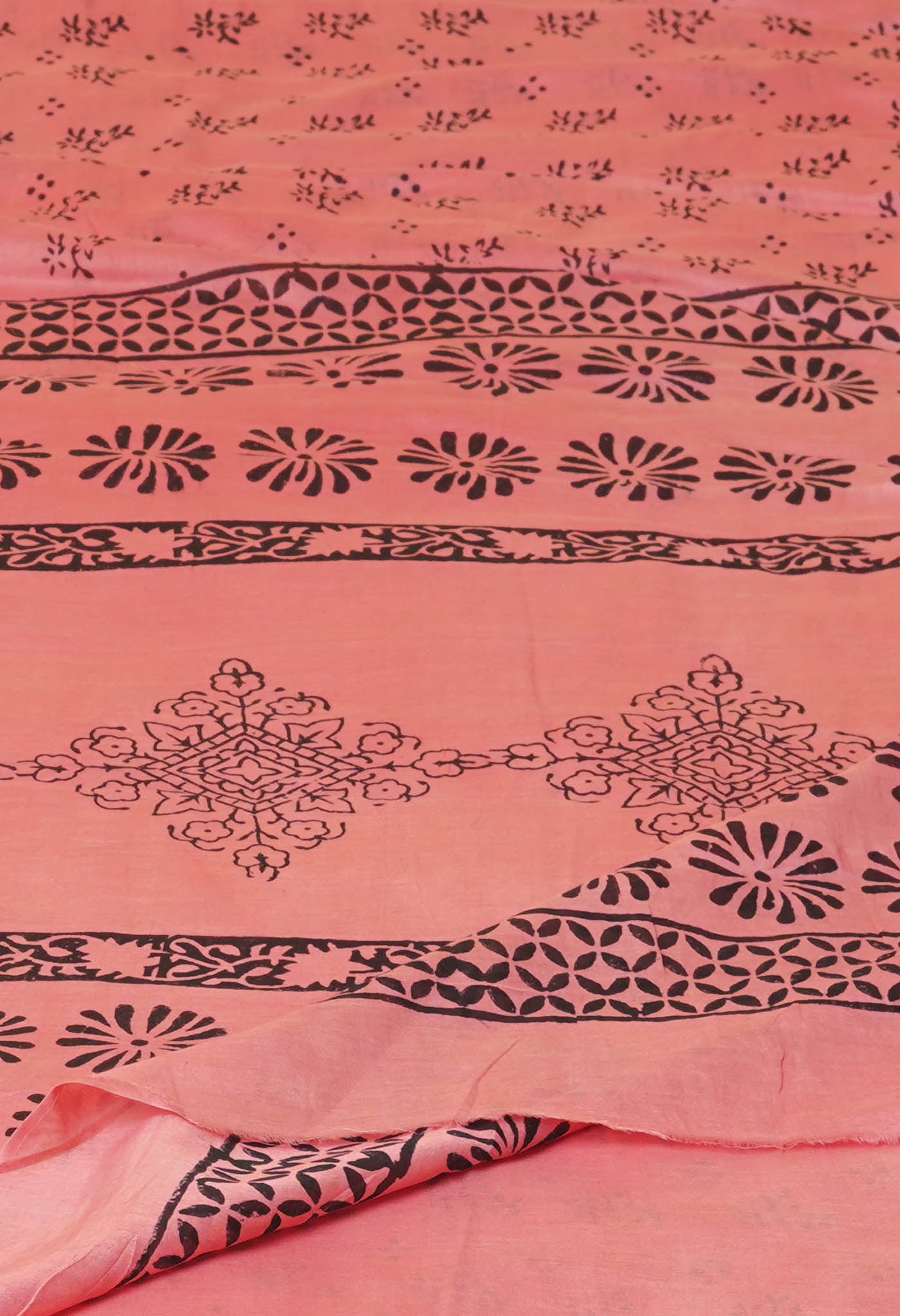 Peach Red Pure Dyed Hand Block Printed Soft Cotton Saree