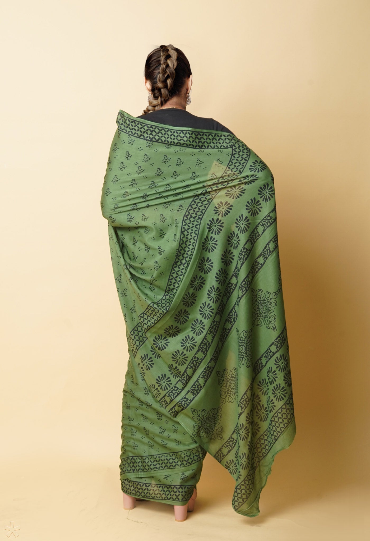 Green Pure Dyed Hand Block Printed Soft Cotton Saree