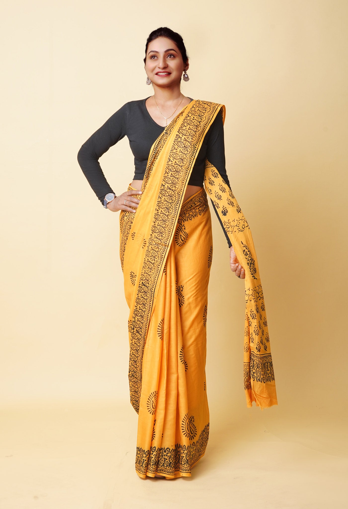 Yellow Pure Dyed Hand Block Printed Soft Cotton Saree