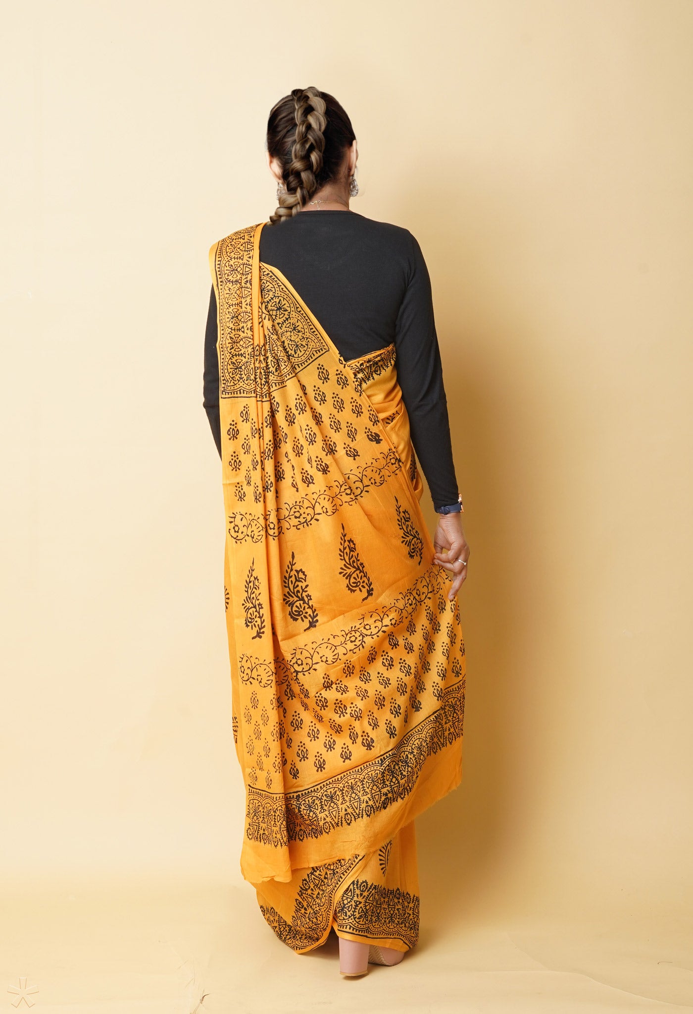 Yellow Pure Dyed Hand Block Printed Soft Cotton Saree