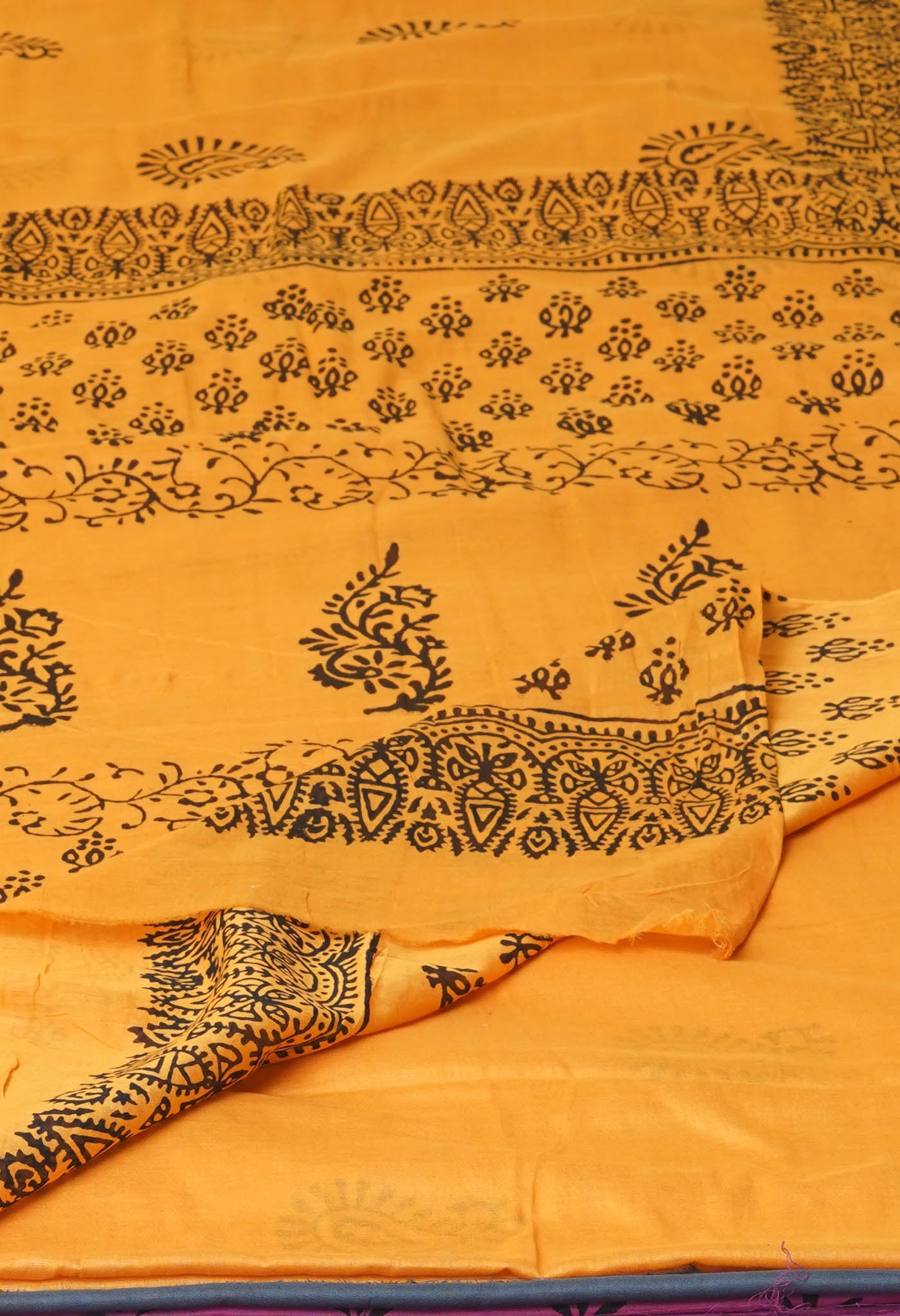 Yellow Pure Dyed Hand Block Printed Soft Cotton Saree