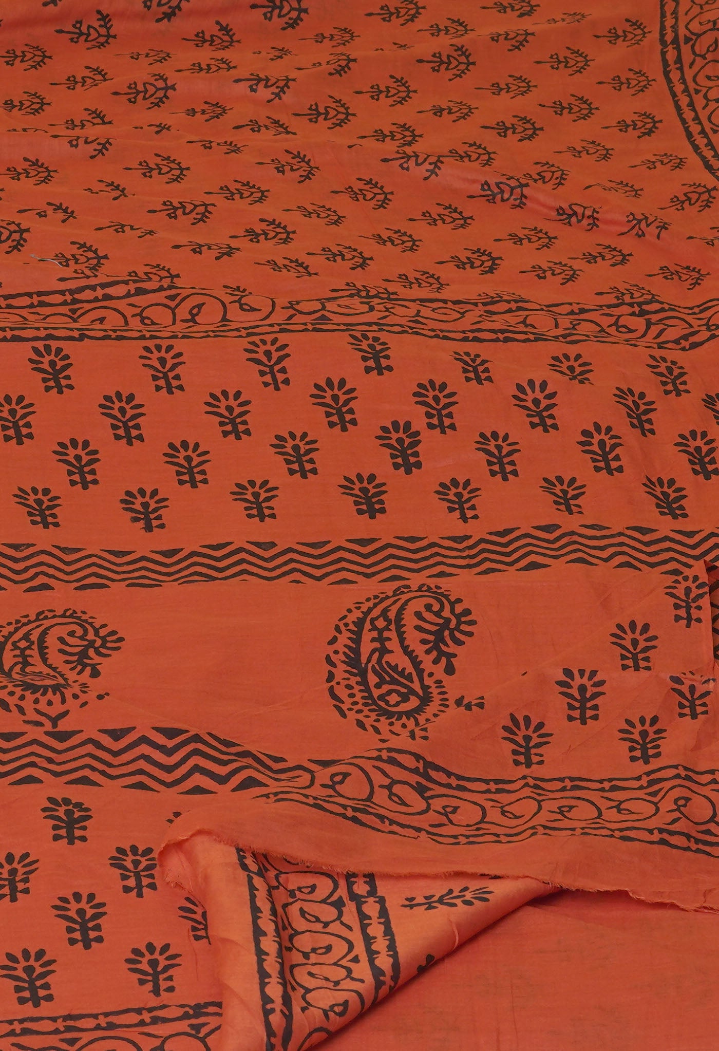 Orange Pure Dyed Hand Block Printed Soft Cotton Saree