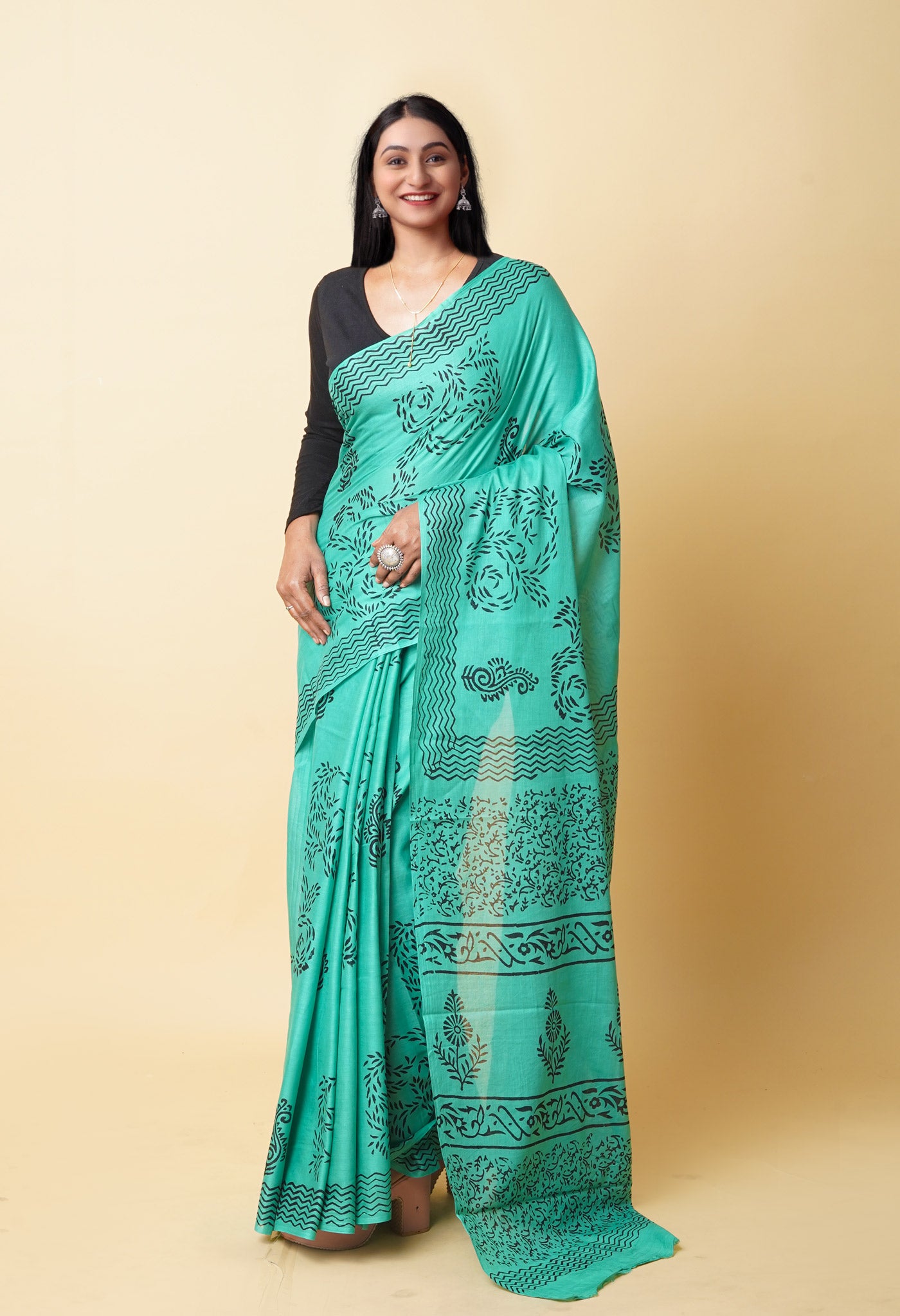 Green Pure Dyed Hand Block Printed Soft Cotton Saree