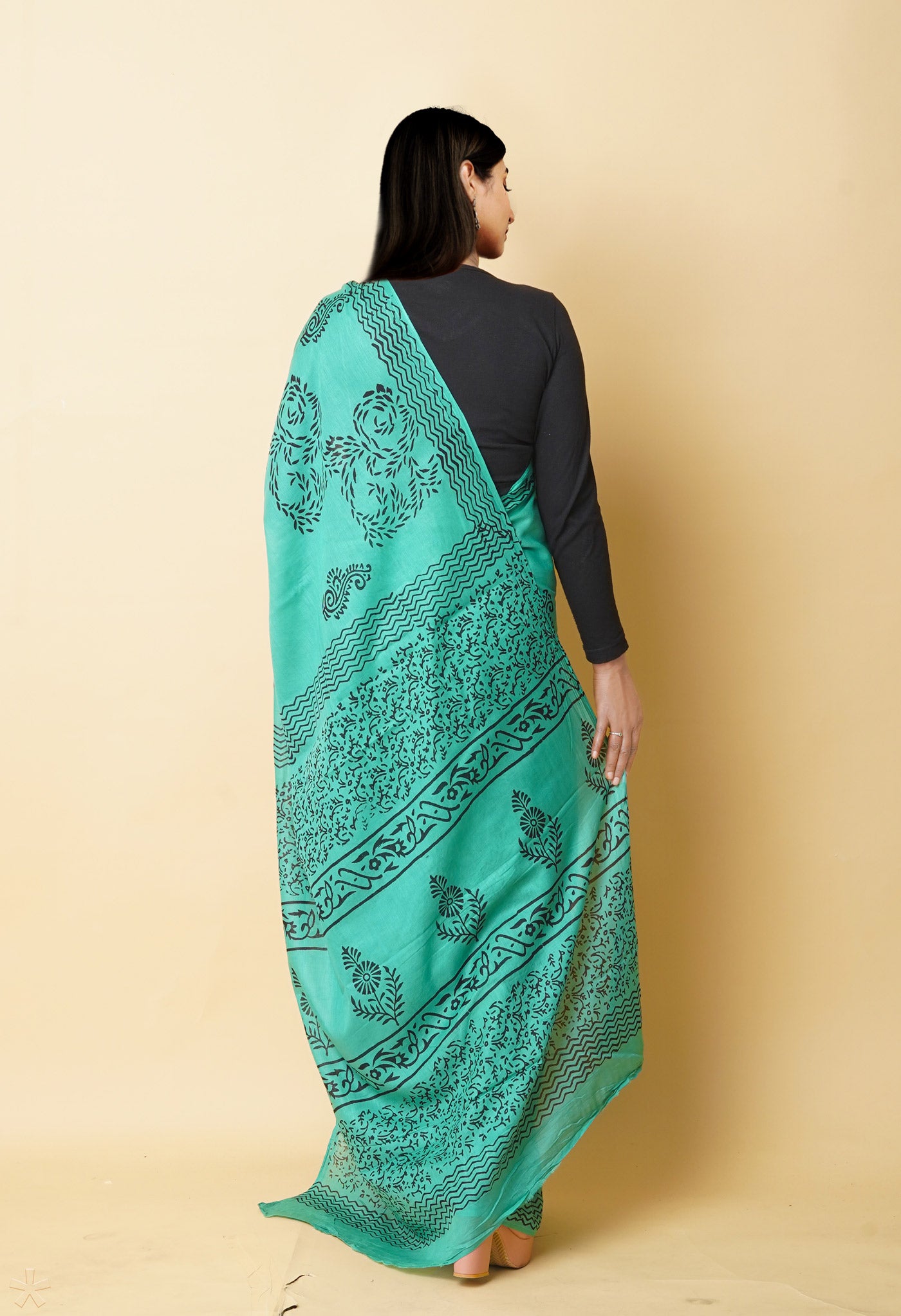 Green Pure Dyed Hand Block Printed Soft Cotton Saree