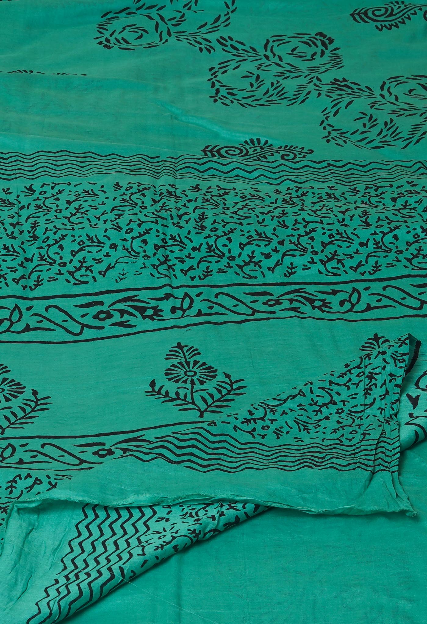 Green Pure Dyed Hand Block Printed Soft Cotton Saree