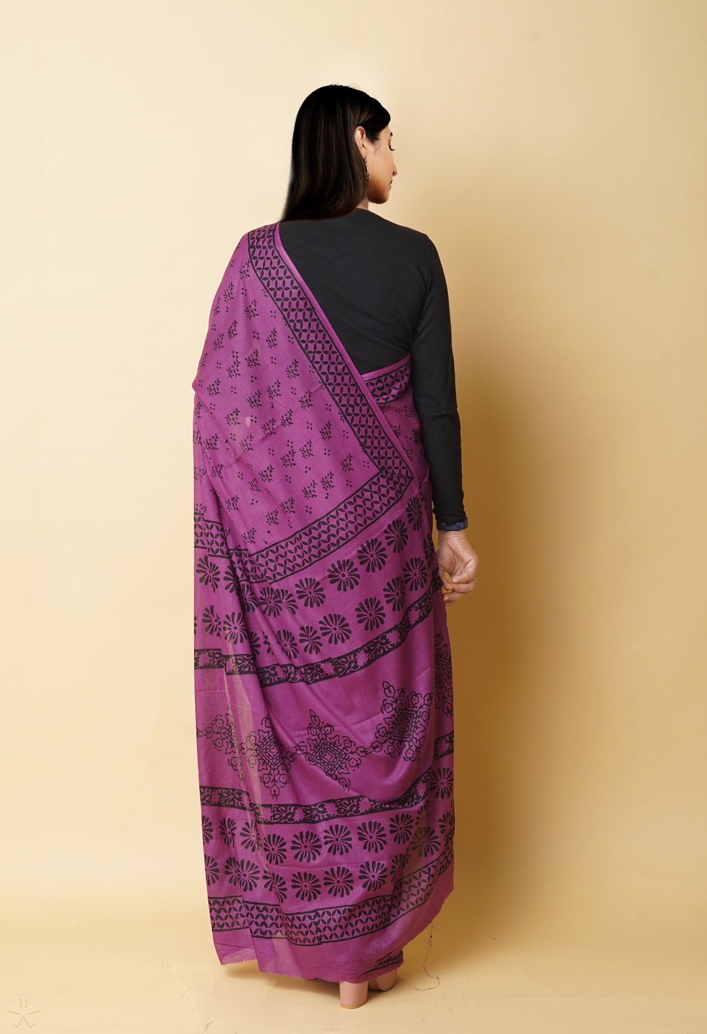 Purple Pure Dyed Hand Block Printed Soft Cotton Saree