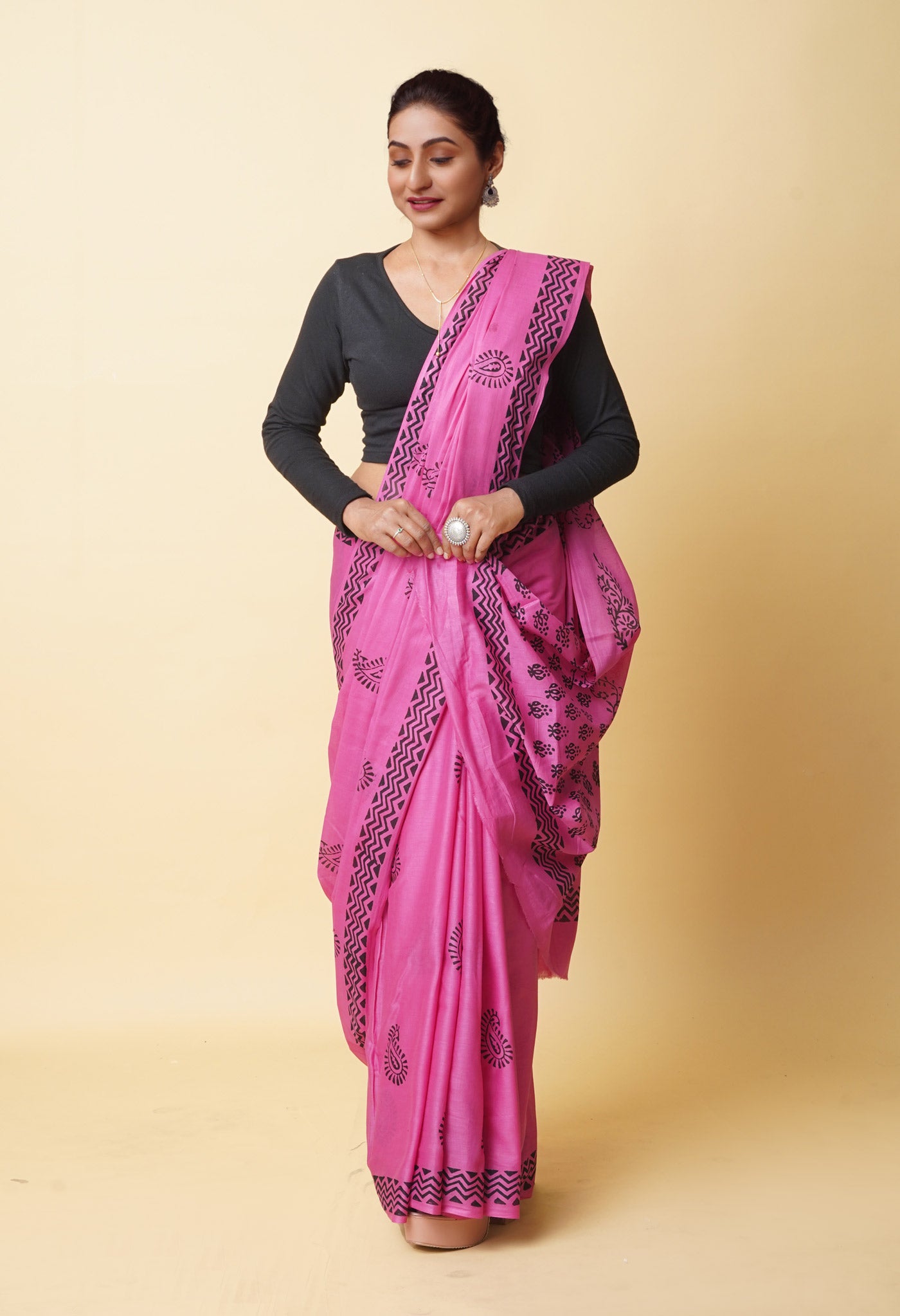 Pink Pure Dyed Hand Block Printed Soft Cotton Saree