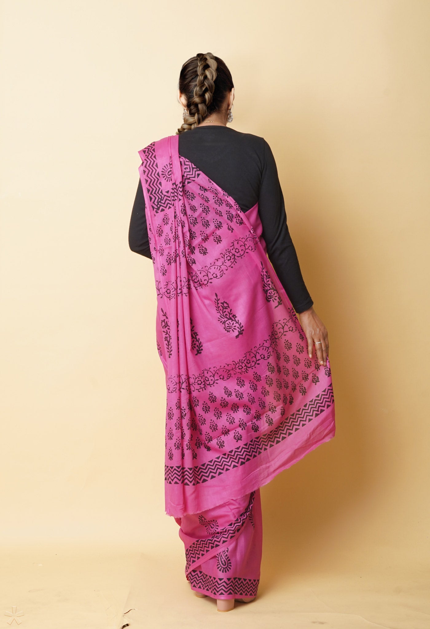 Pink Pure Dyed Hand Block Printed Soft Cotton Saree