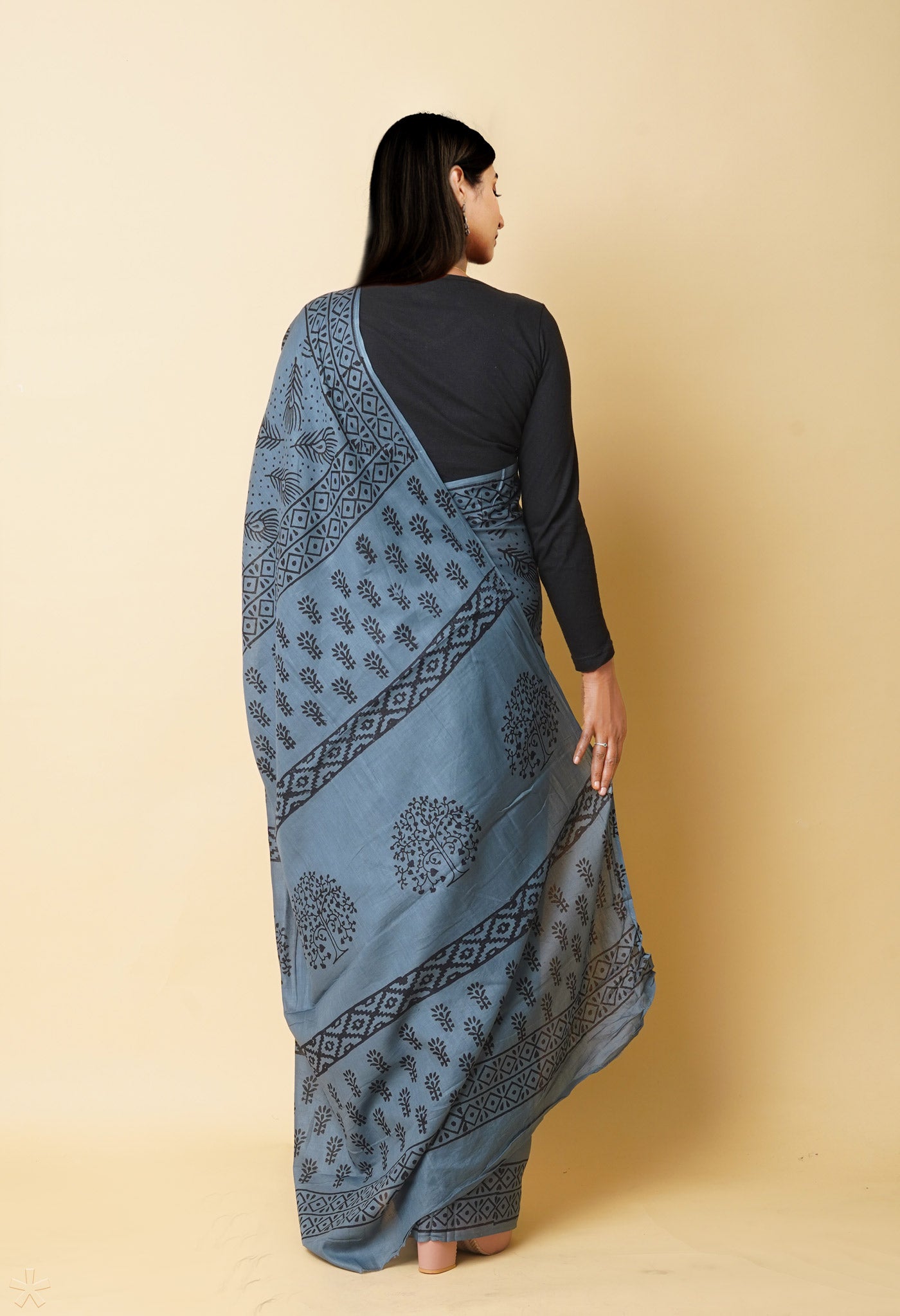 Grey Pure Dyed Hand Block Printed Soft Cotton Saree