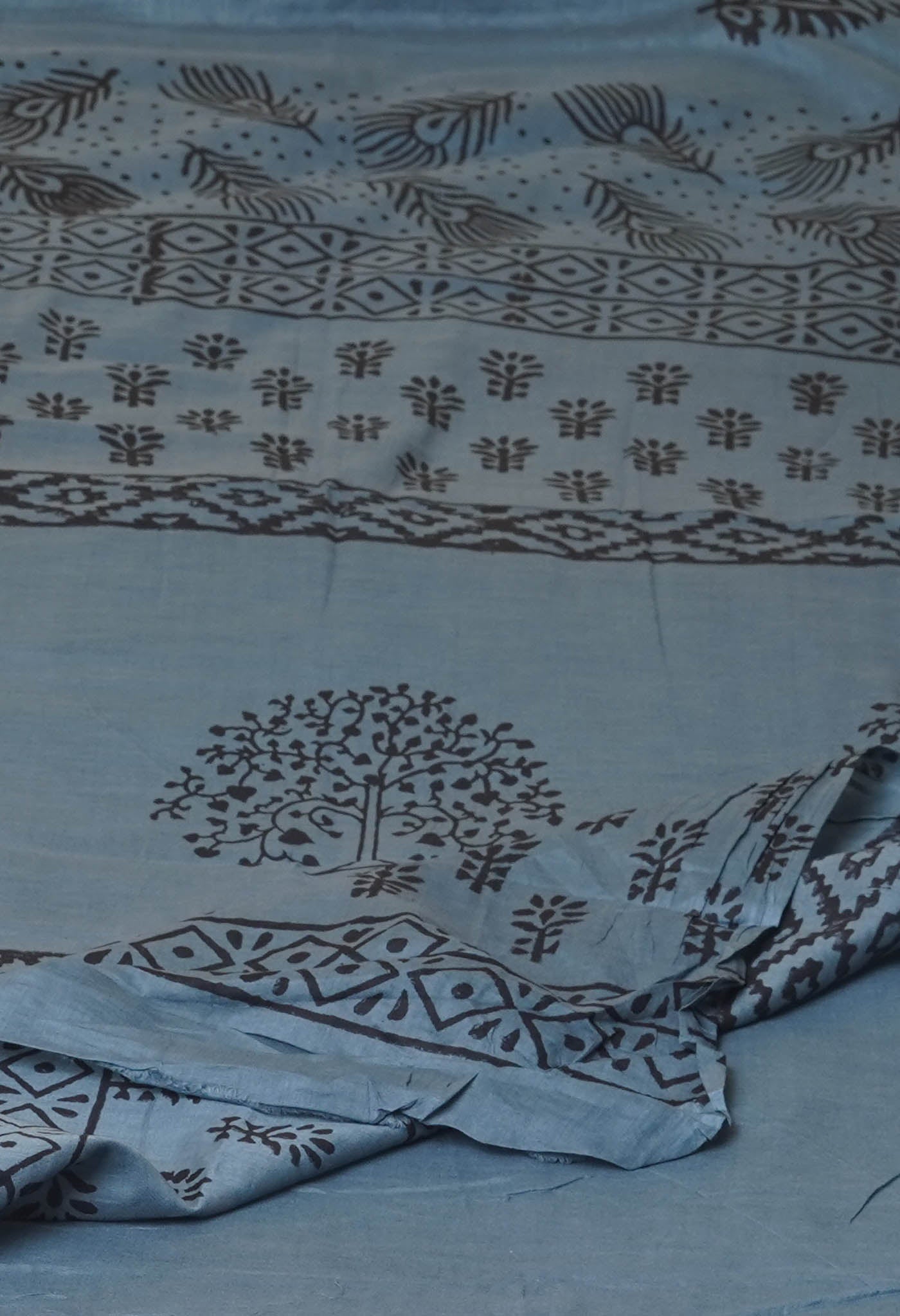 Grey Pure Dyed Hand Block Printed Soft Cotton Saree