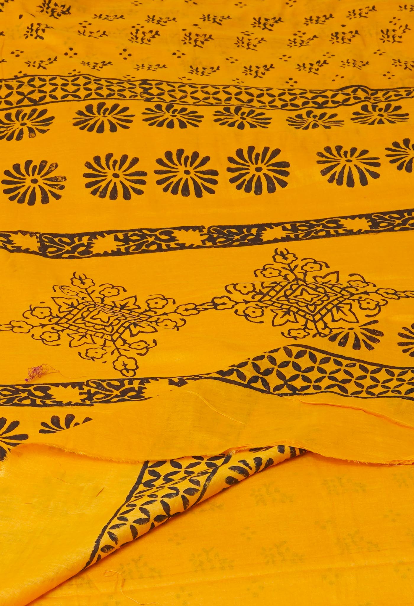 Yellow Pure Dyed Hand Block Printed Soft Cotton Saree