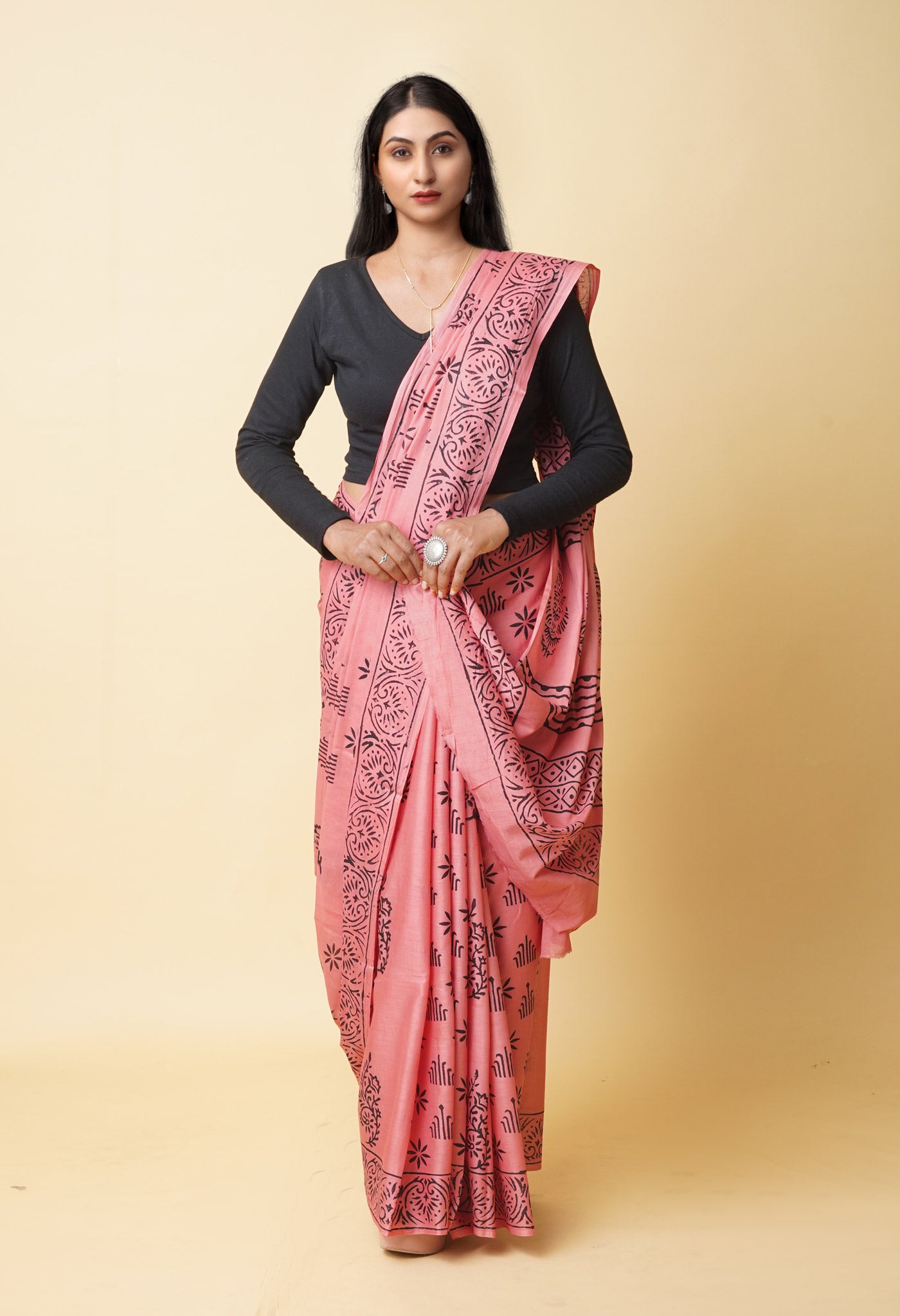 Peach Red Pure Dyed Hand Block Printed Soft Cotton Saree