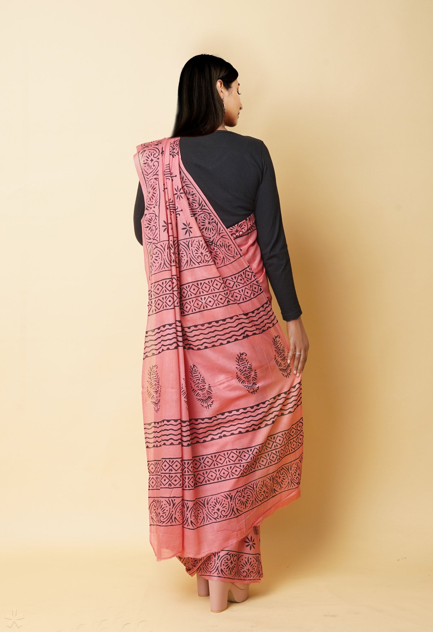 Peach Red Pure Dyed Hand Block Printed Soft Cotton Saree