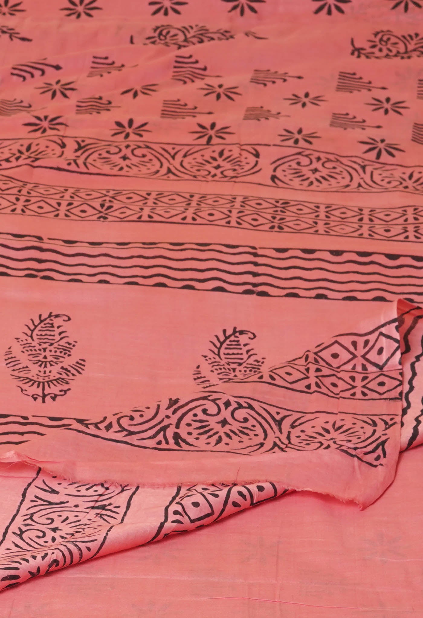 Peach Red Pure Dyed Hand Block Printed Soft Cotton Saree