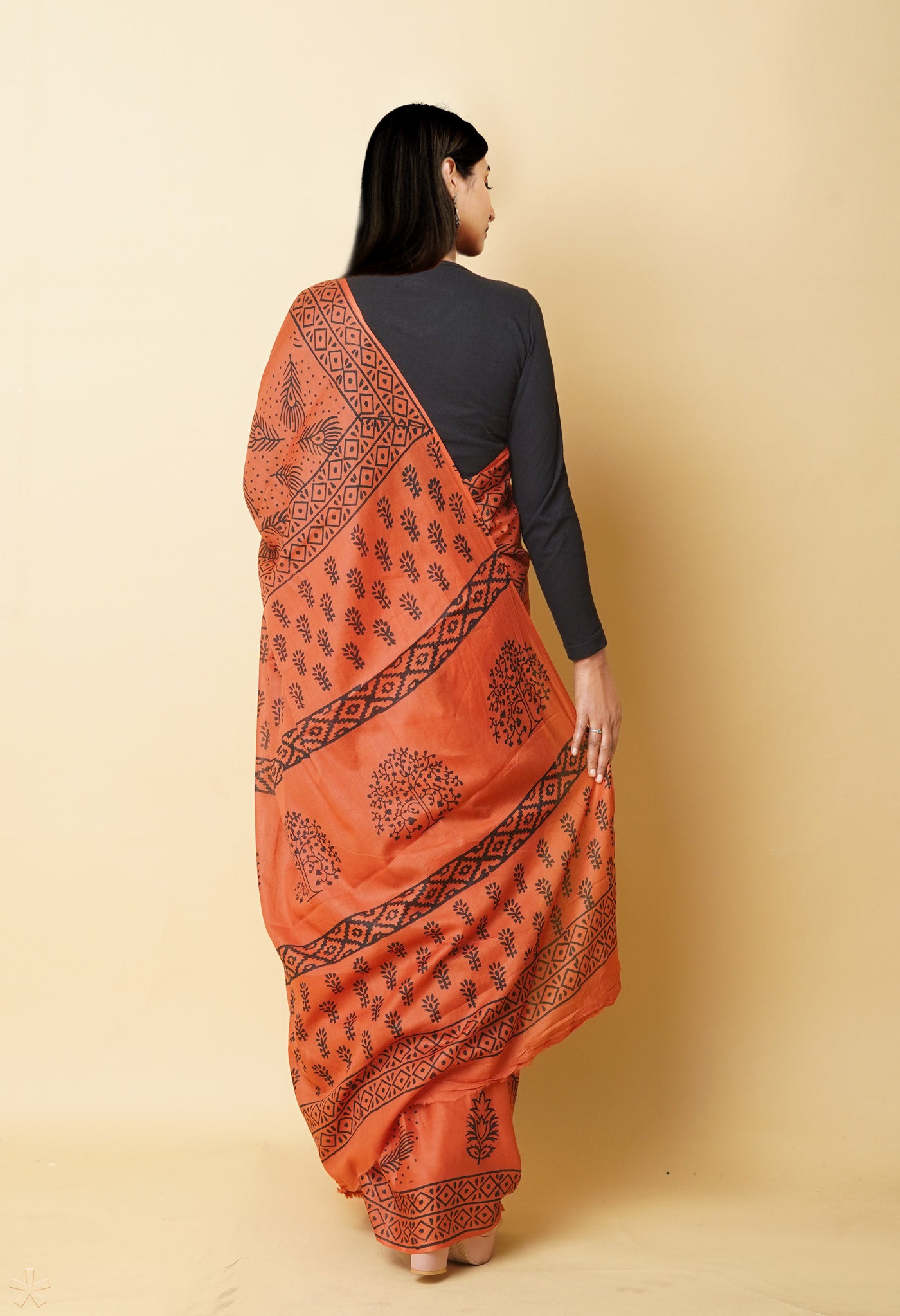 Orange Pure Dyed Hand Block Printed Soft Cotton Saree