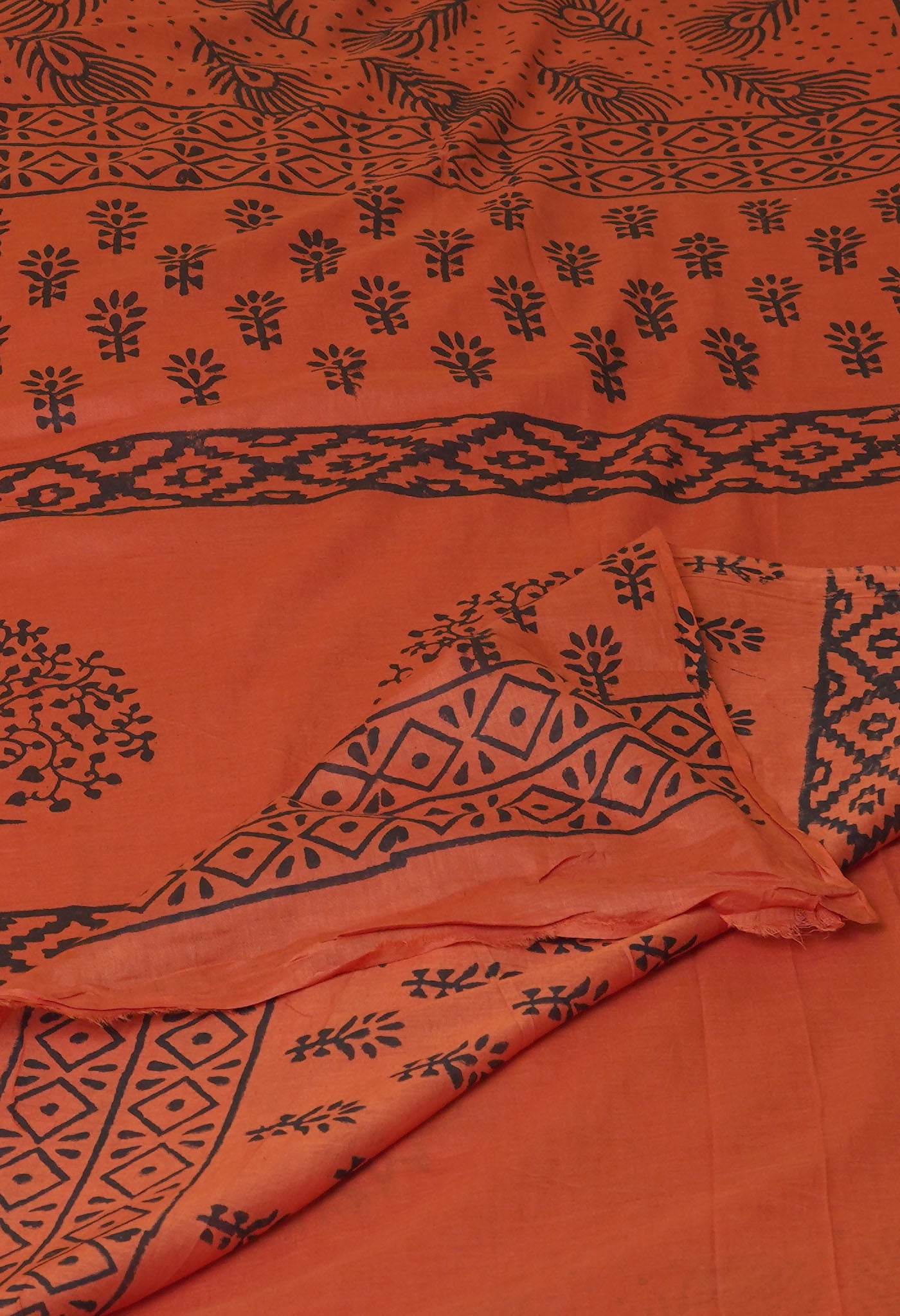 Orange Pure Dyed Hand Block Printed Soft Cotton Saree