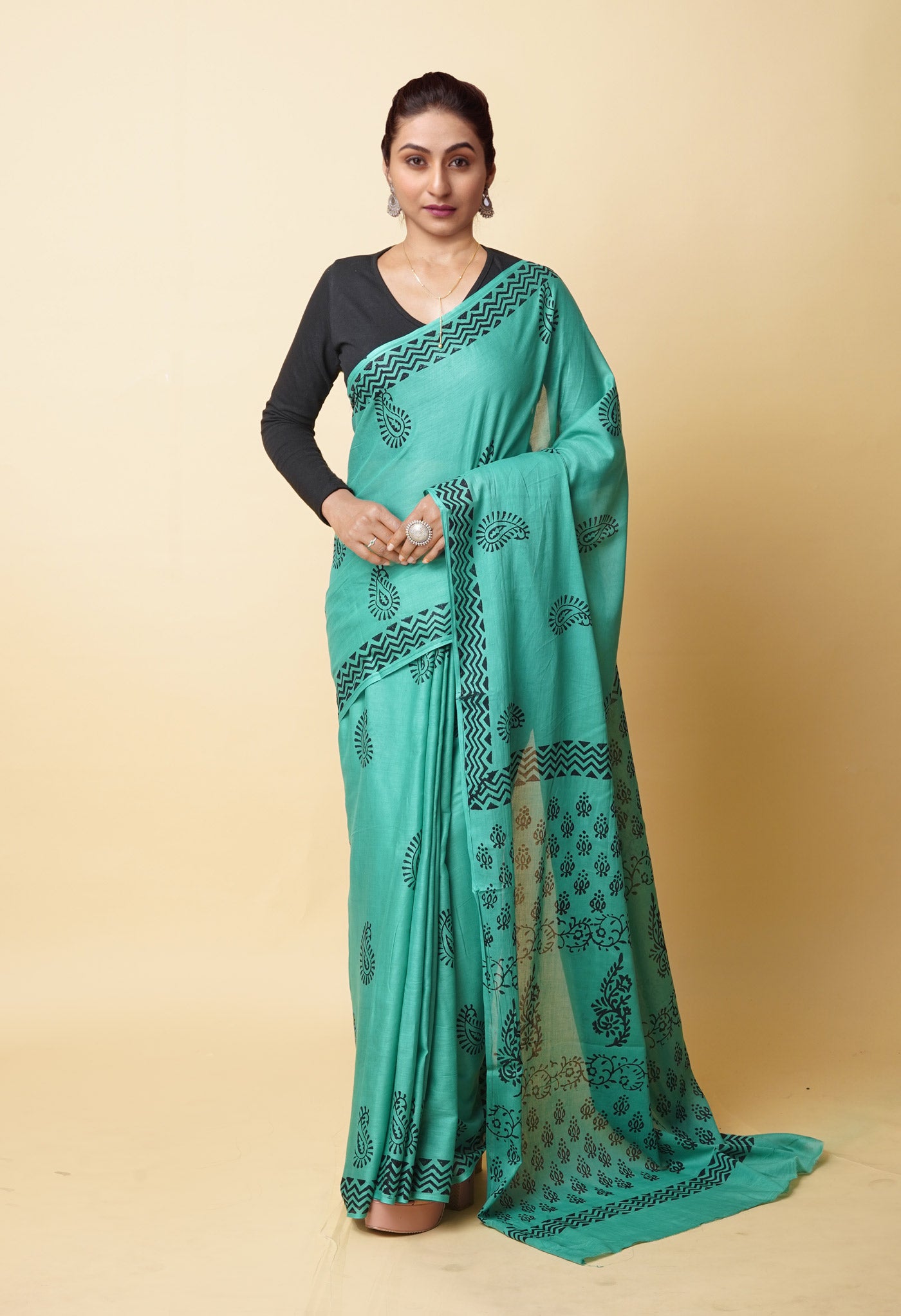 Green Pure Dyed Hand Block Printed Soft Cotton Saree