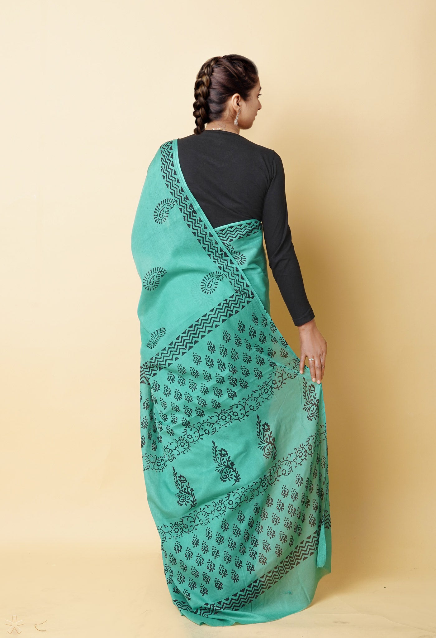 Green Pure Dyed Hand Block Printed Soft Cotton Saree