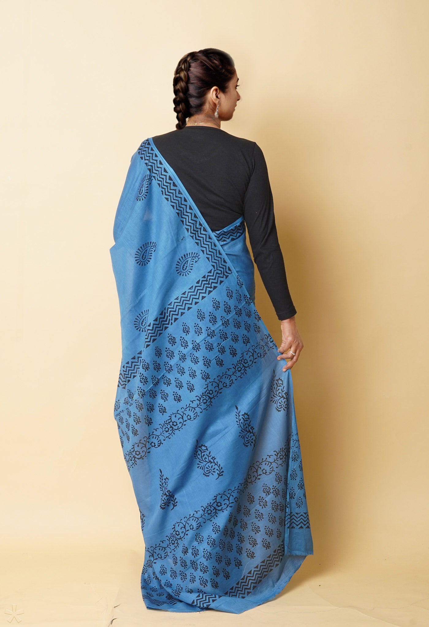 Blue Pure Dyed Hand Block Printed Soft Cotton Saree