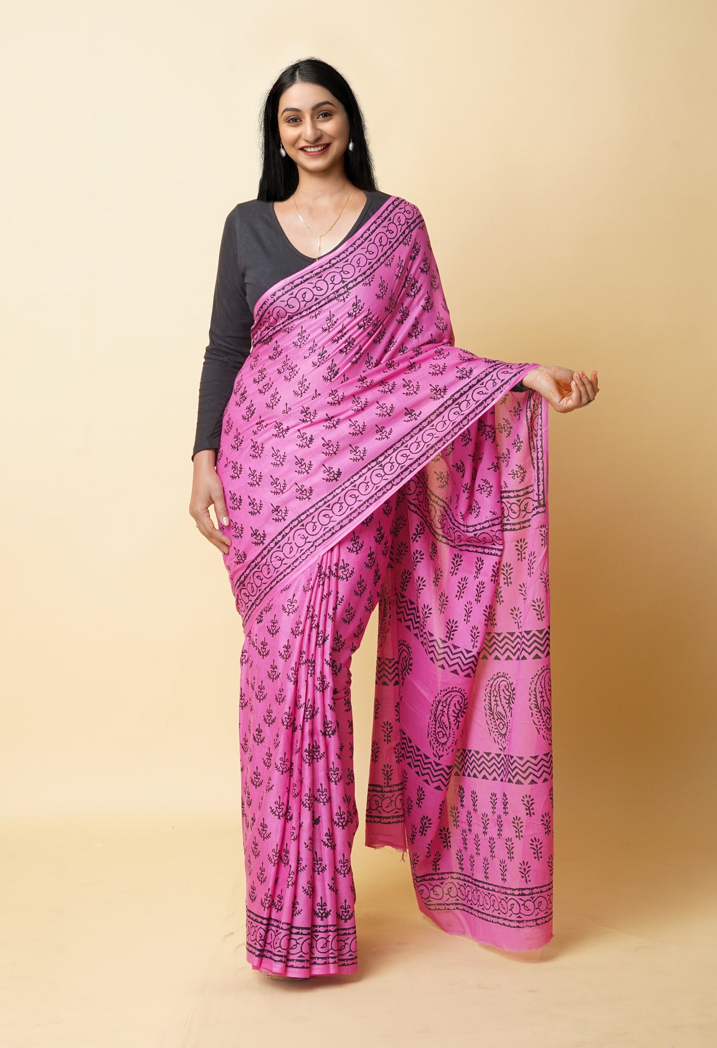 Pink Pure Dyed Hand Block Printed Soft Cotton Saree