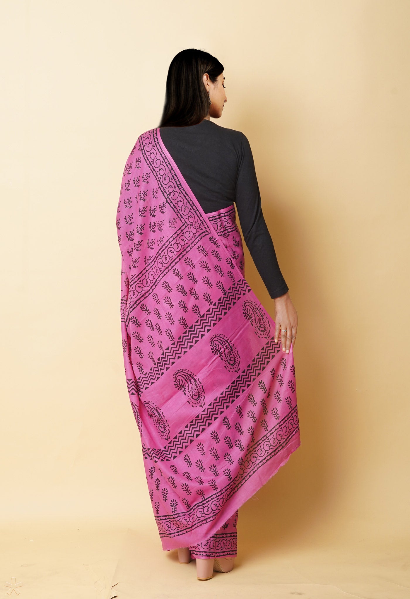 Pink Pure Dyed Hand Block Printed Soft Cotton Saree