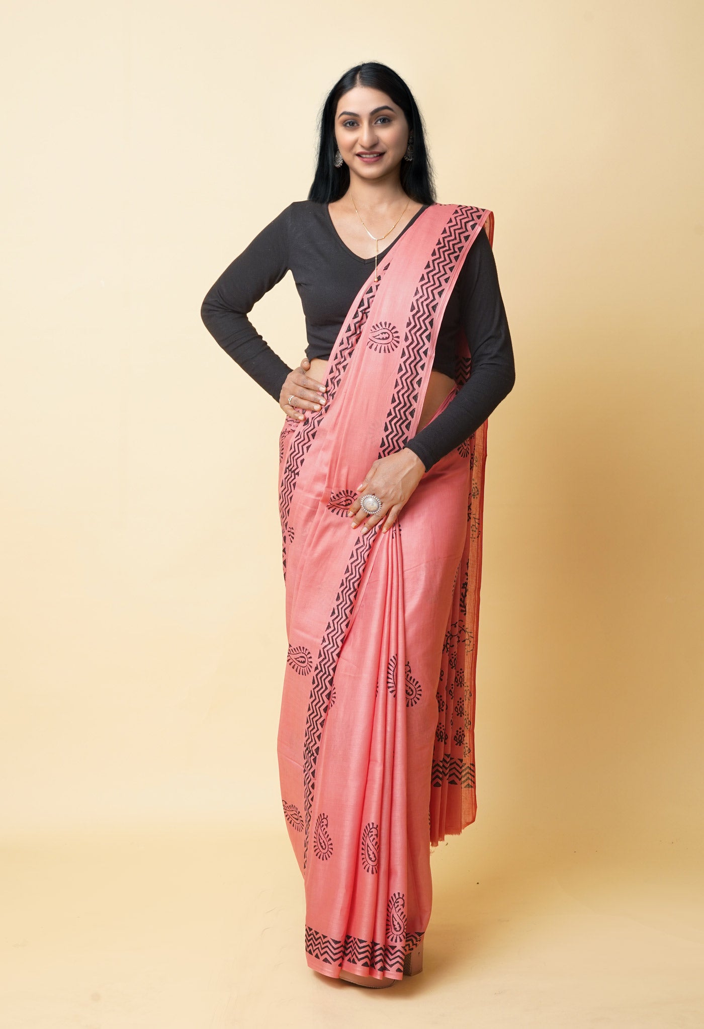 Peach Red Pure Dyed Hand Block Printed Soft Cotton Saree