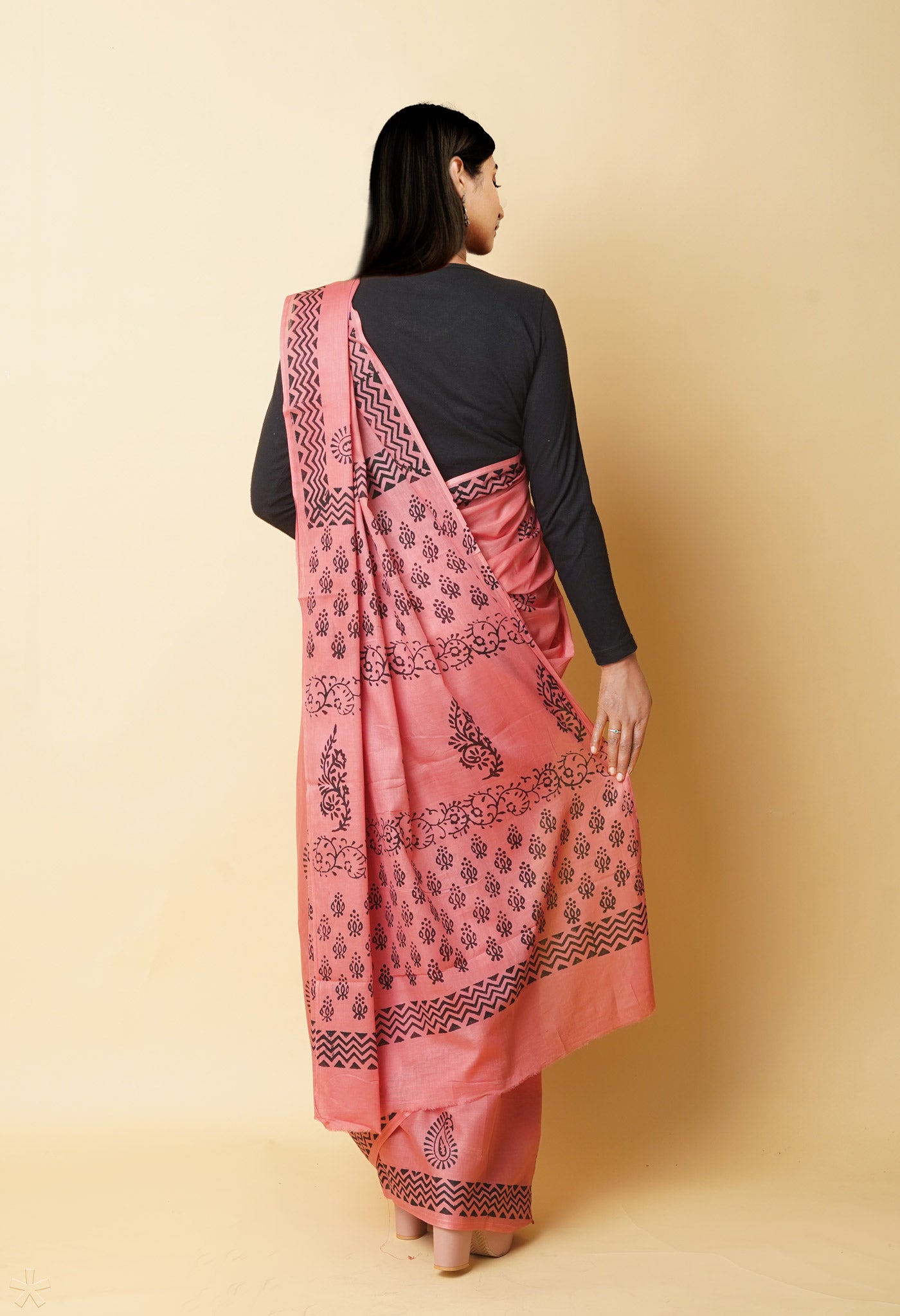 Peach Red Pure Dyed Hand Block Printed Soft Cotton Saree