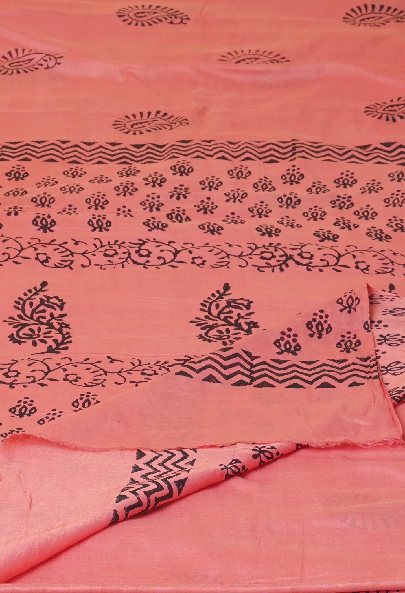 Peach Red Pure Dyed Hand Block Printed Soft Cotton Saree