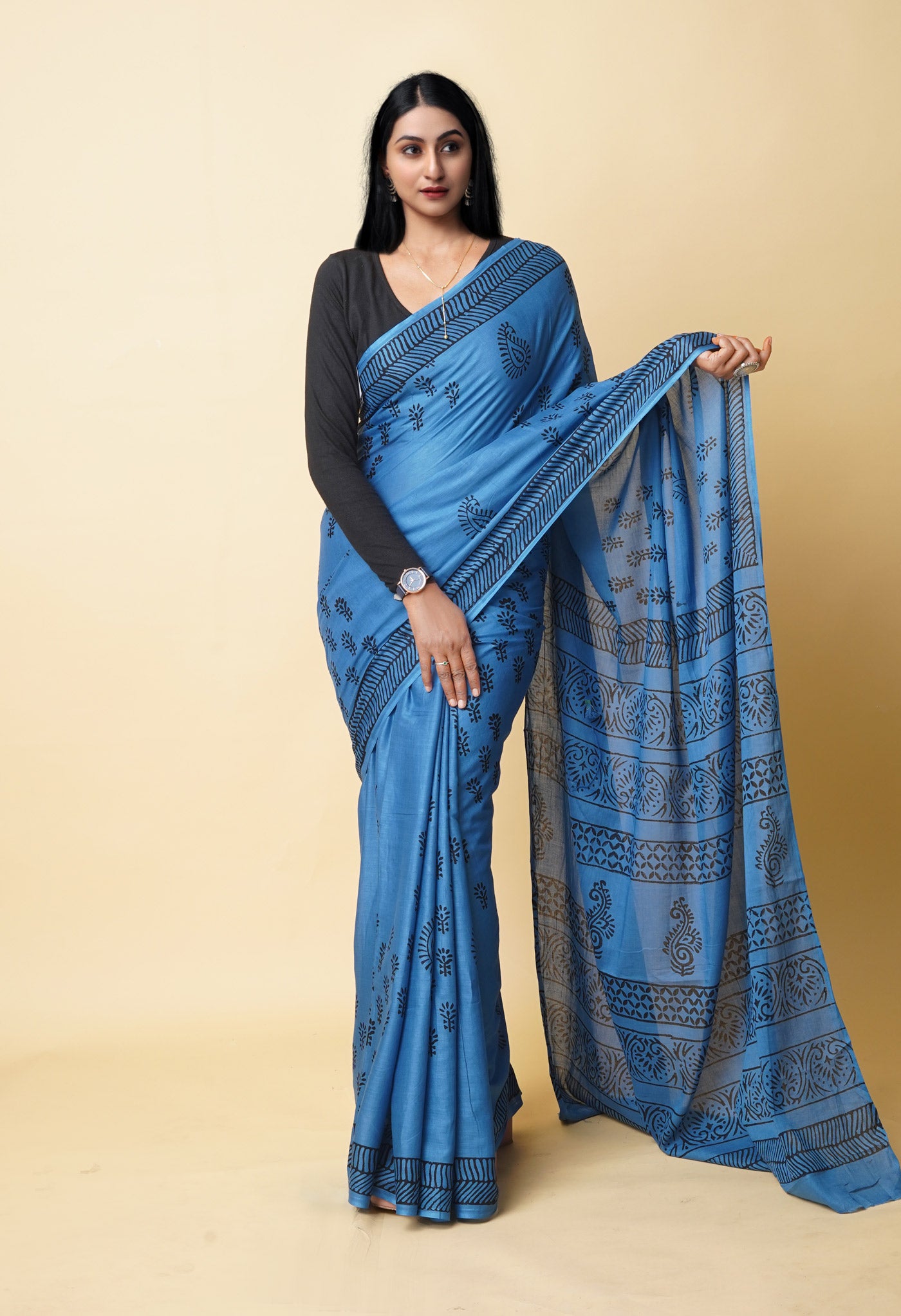 Blue Pure Dyed Hand Block Printed Soft Cotton Saree