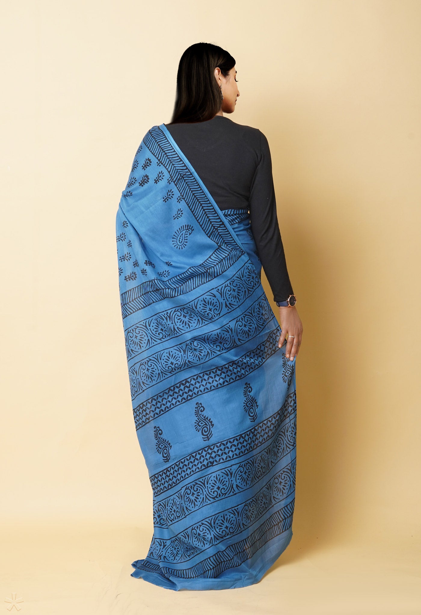 Blue Pure Dyed Hand Block Printed Soft Cotton Saree