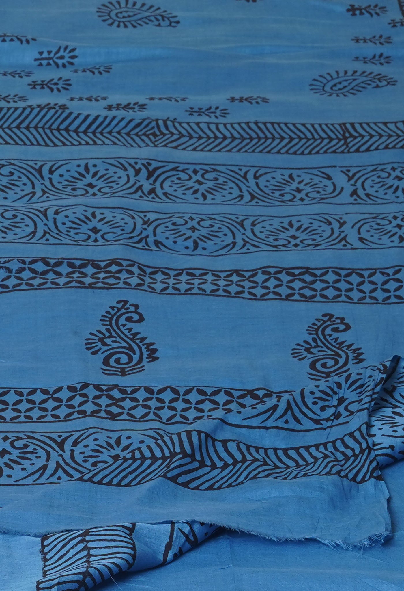 Blue Pure Dyed Hand Block Printed Soft Cotton Saree