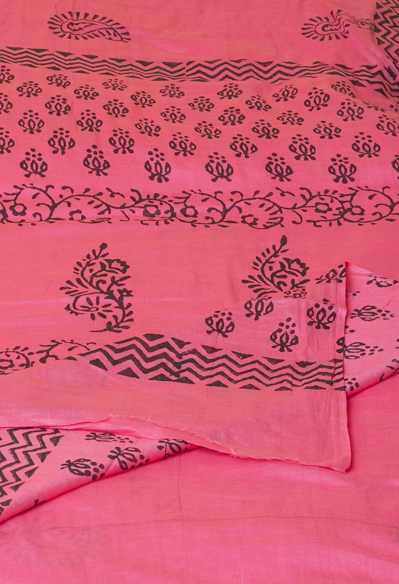 Pink Pure Dyed Hand Block Printed Soft Cotton Saree