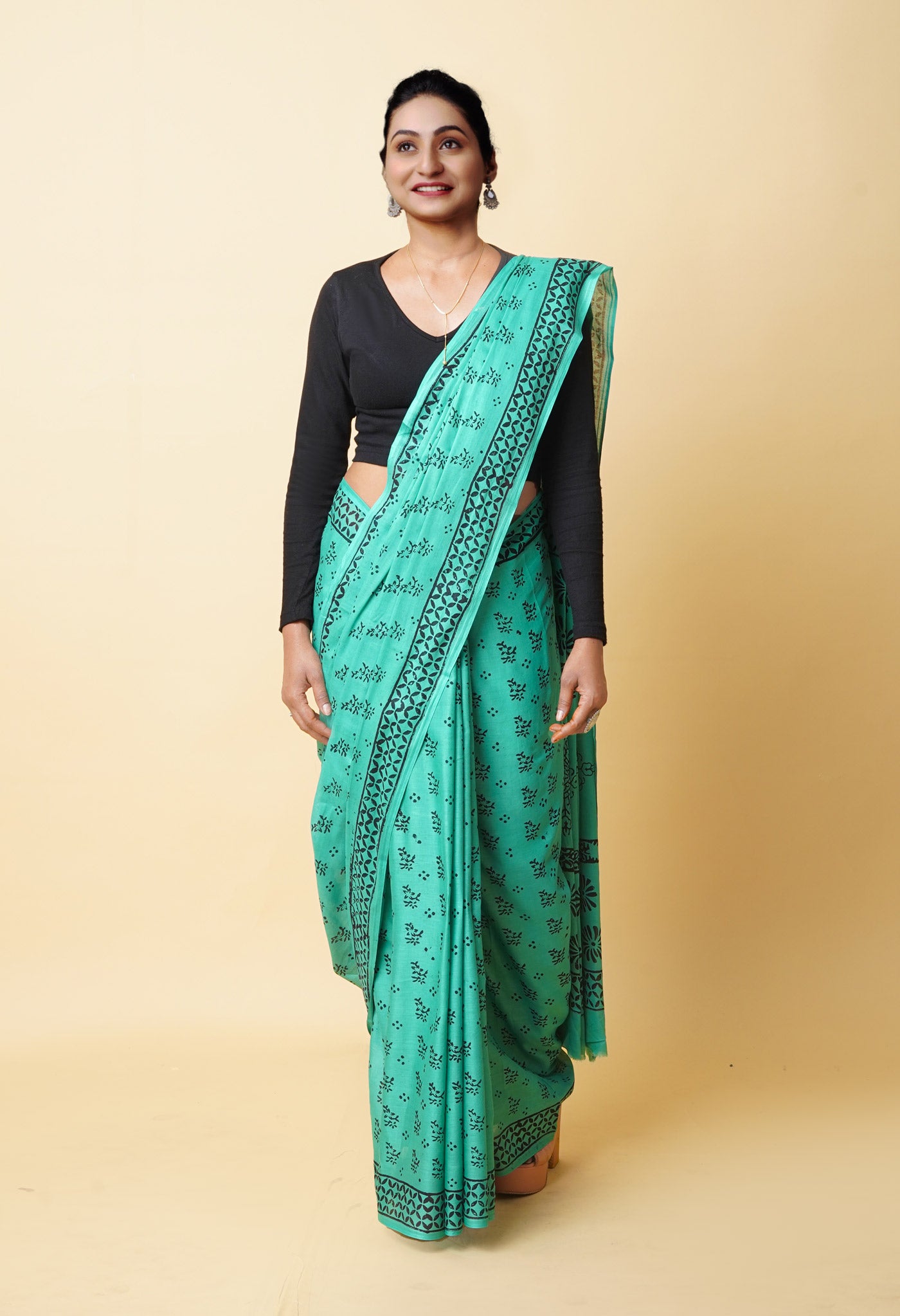 Green Pure Dyed Hand Block Printed Soft Cotton Saree