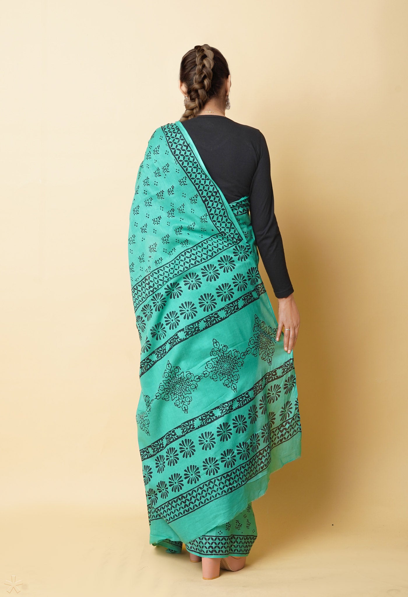 Green Pure Dyed Hand Block Printed Soft Cotton Saree